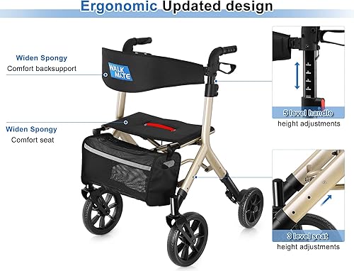 Vista 30 de WALK MATE Andador con ruedas para personas mayores de 5.3 a 7 pies con asiento ajustable en altura, ruedas de 10 pulgadas, andadores ocultos