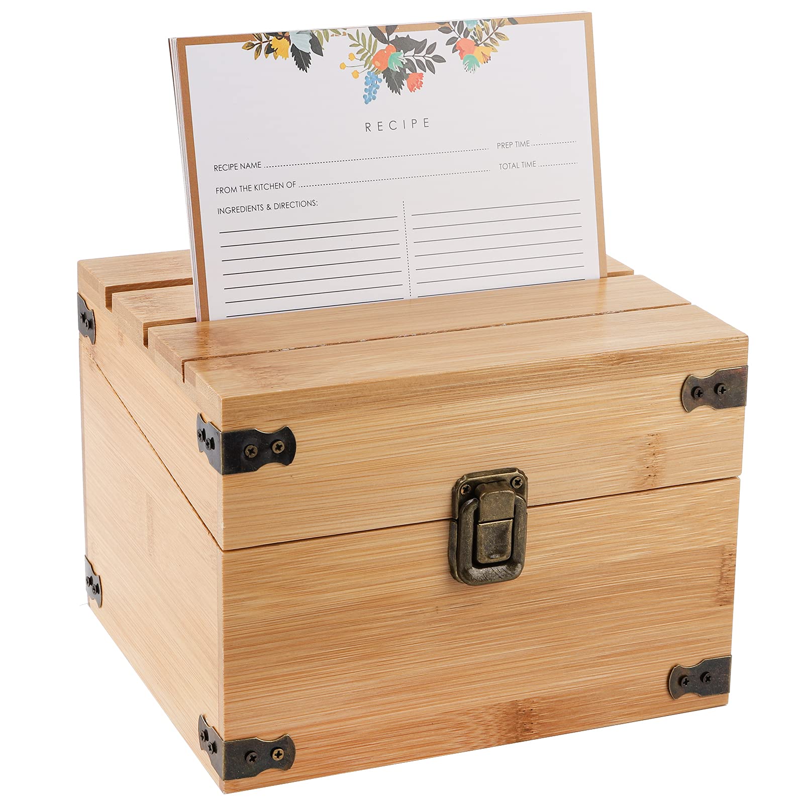 YOUEON Bamboo Recipe Box with Cards and 3 Grooves, Kitchen Recipe Box with 100 Recipe Cards 10x15 cm, Bamboo Recipe Card Box Set, Rustic Recipe Holder, Light Brown