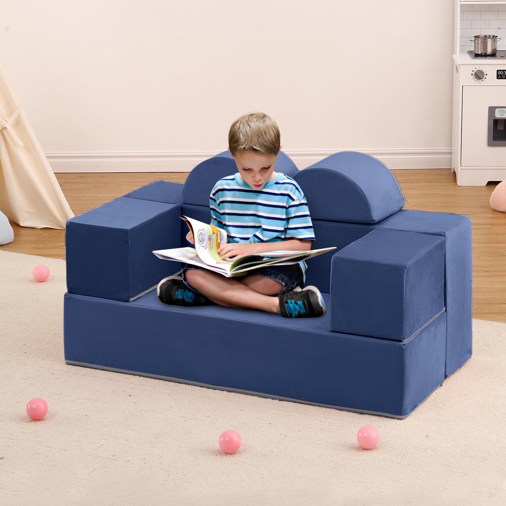 Sofá Modular para Niños de 6 Piezas, con Piezas Semicirculares para Montaje, Azul, para Habitación Infantil, Sala de Juegos y Dormitorio, 100 x 40 cm