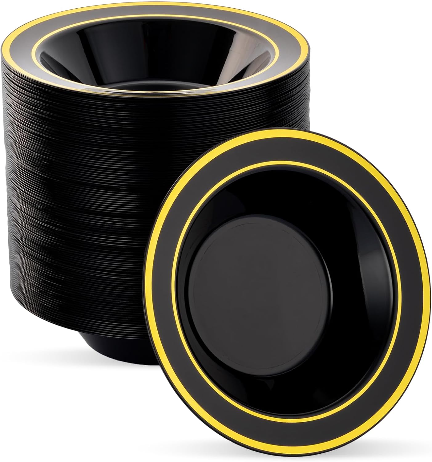 100 Pack Black Disposable Soup Bowls with Gold Rim,12oz Disposable Soup Bowls,Disposable Soup Dessert Salad Bowls for Wedding/Party/Catered Events