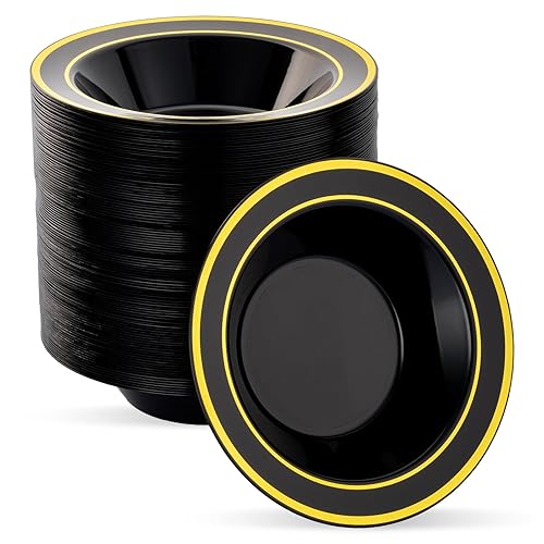 100 Pack Black Disposable Soup Bowls with Gold Rim,12oz Disposable