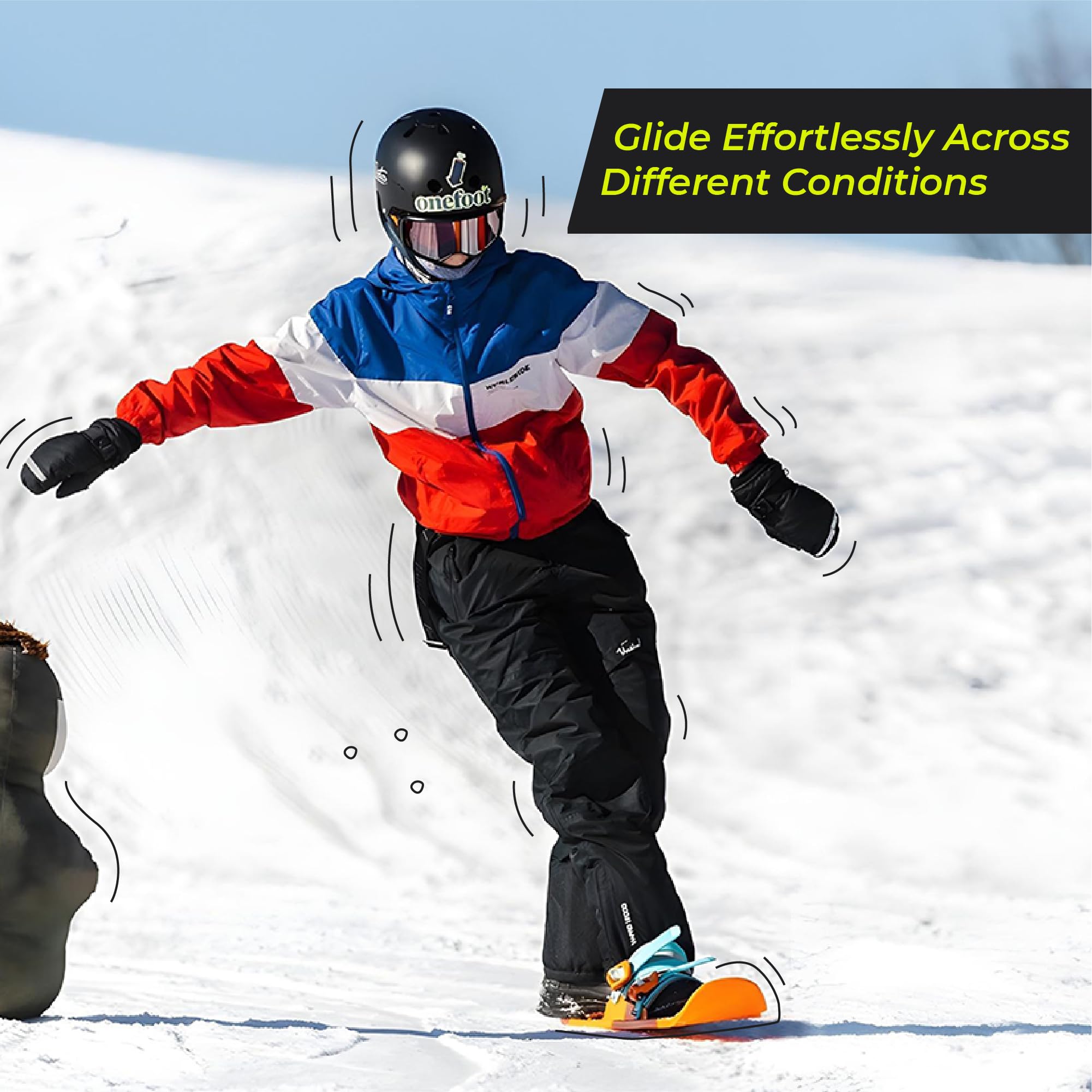 Onefoot Mini Ski - Kompakter Mini Ski (71,7 x 15,3 cm) mit verstellbaren Bindungen & Grip Spikes - Langlebiges kurzes Skiboard - Spaß für Tricks, Balance und Freesty-Skifahren