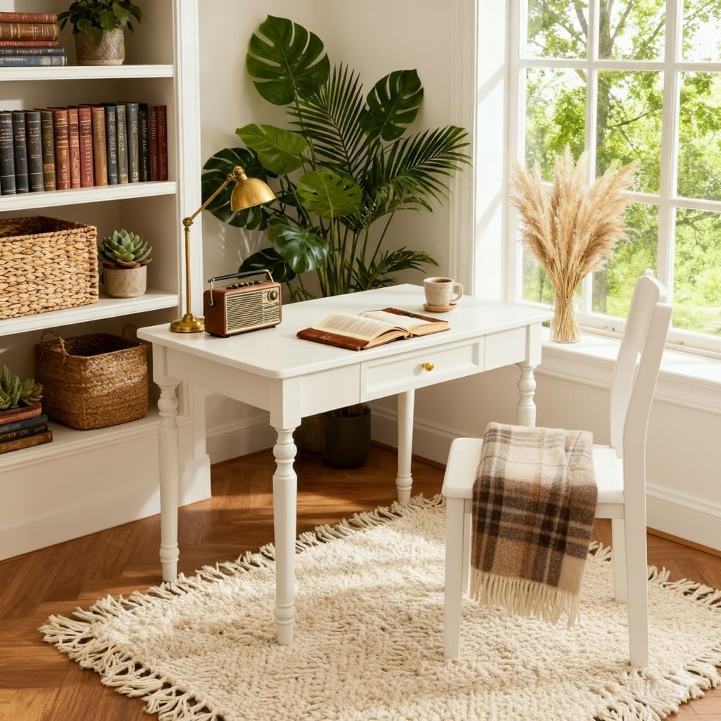 31.5in Country Desk and Chair Set, Home Office Computer Desk with Ergonomic Office Chair, Wooden White Writing Desk Study Table, for Bedroom, Office or Student Workstation(31.5'' x 23.6'' x 29.5'')