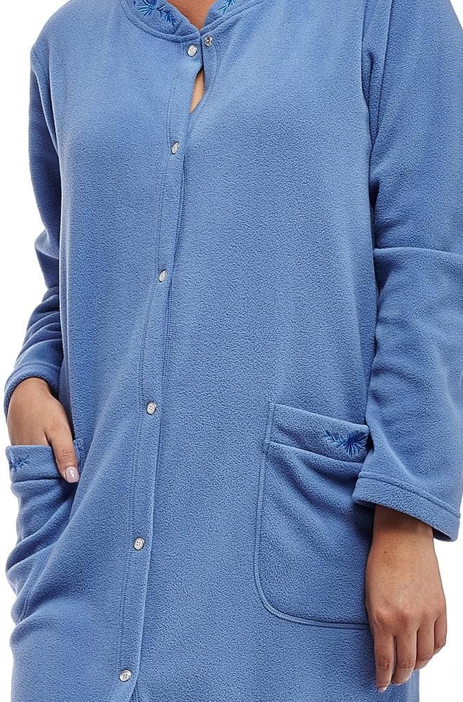 LA CERA Women's Plus Size100% Polyester Long Sleeves Embroidered Snapfront Fleece Robe With Button Closure