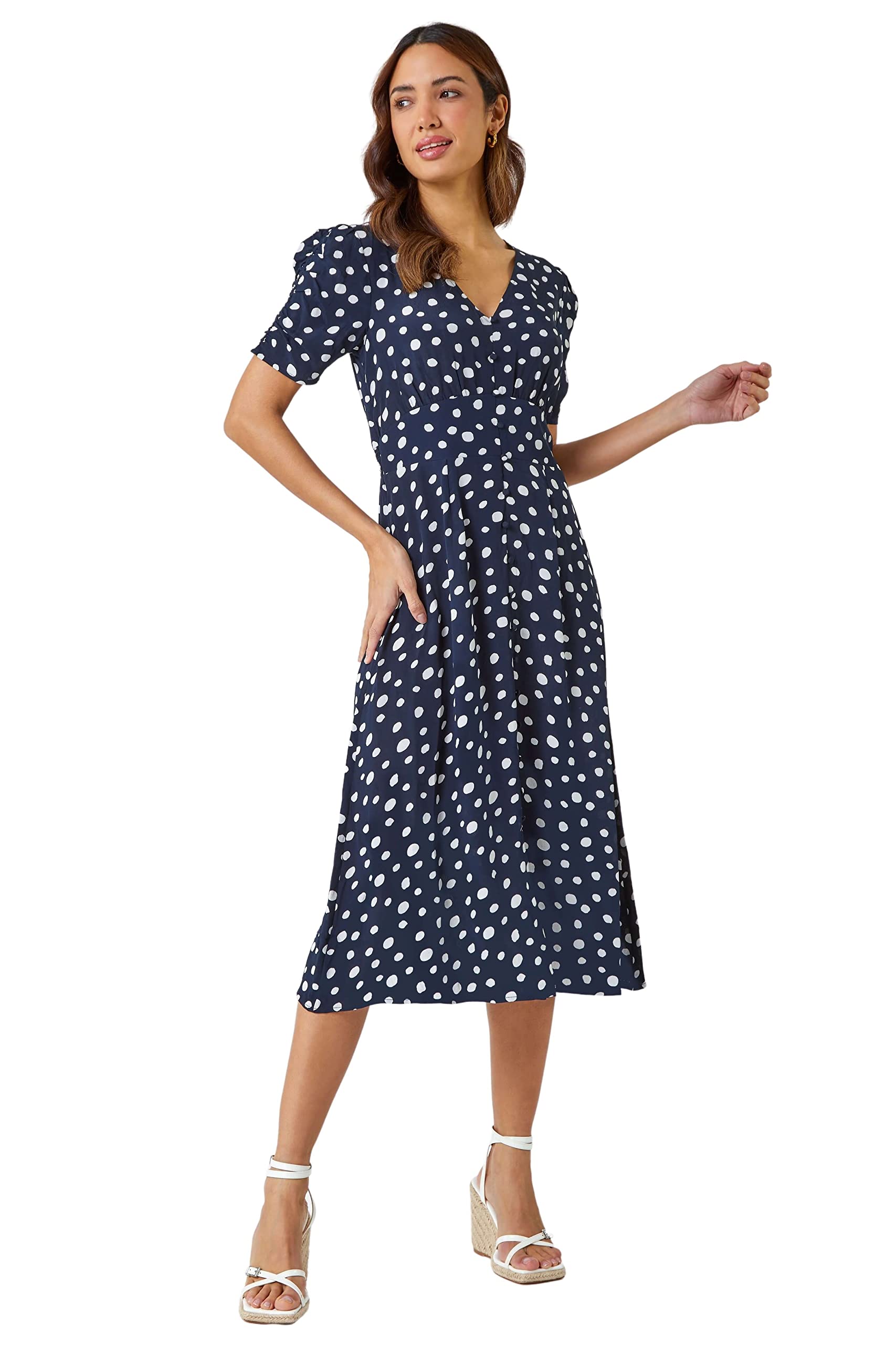 Roman Women's Polka Dot Ruched Sleeve Midi Dress in Navy | Size: 10