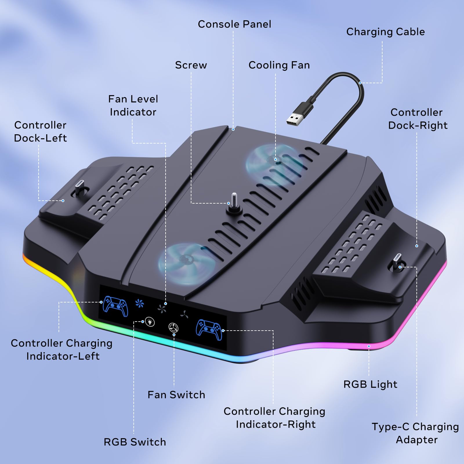 Supporto PS5 Slim con Ventola di Raffreddamento Compatibile con Playstation 5 Slim Console Disc & Digital, Stazione Ricarica Controller per PS5 e Edge, Accessori Base PS5 Slim con Luce RGB