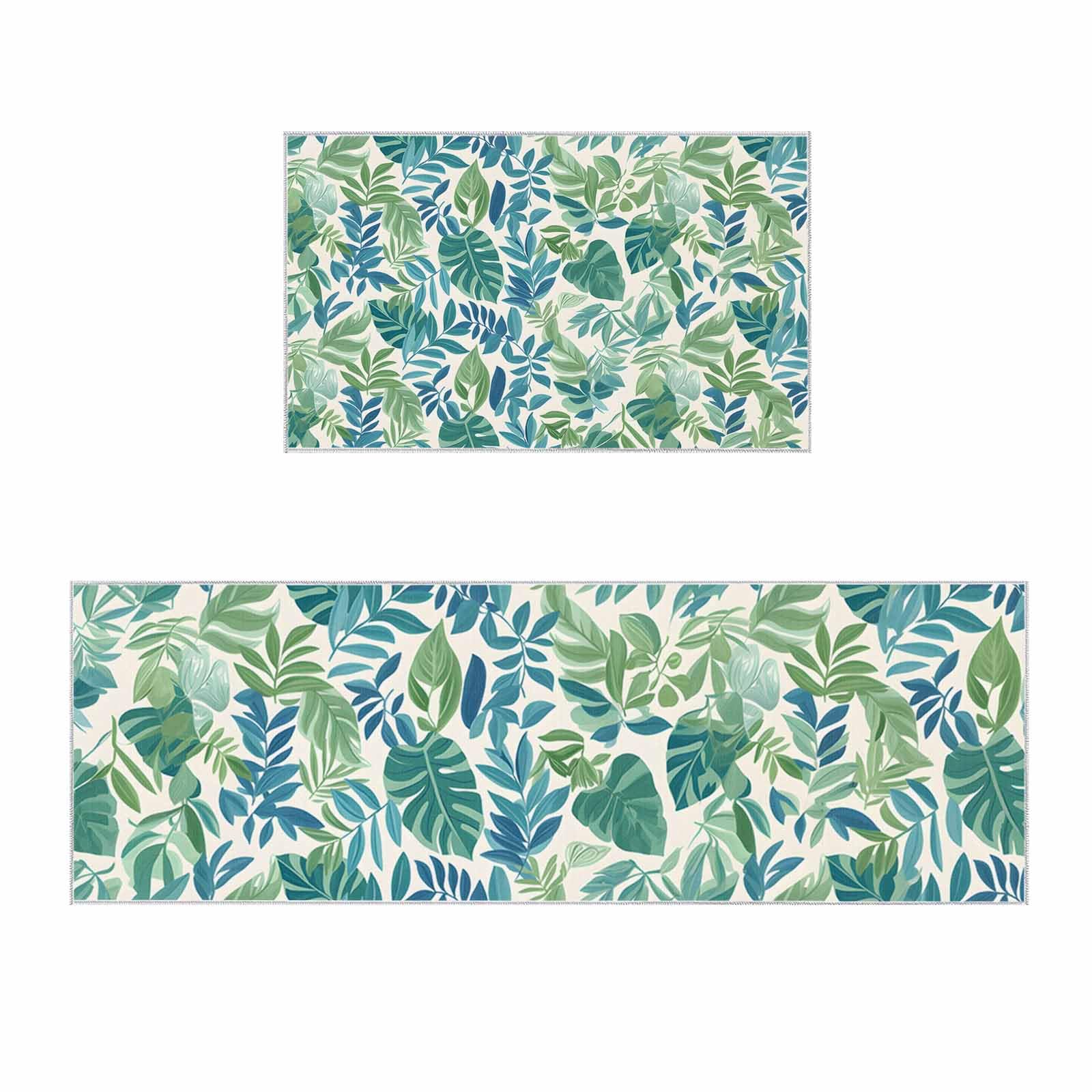 2 Pieces Kitchen Rugs and Mats,Summer Watercolor Pastoral Leaf Area Runner Rug Set Non Slip Floor Doormat Washable Carpet Standing Mat for Kitchen Sink Indoor Corridor,Farmhouse Tropical Plant