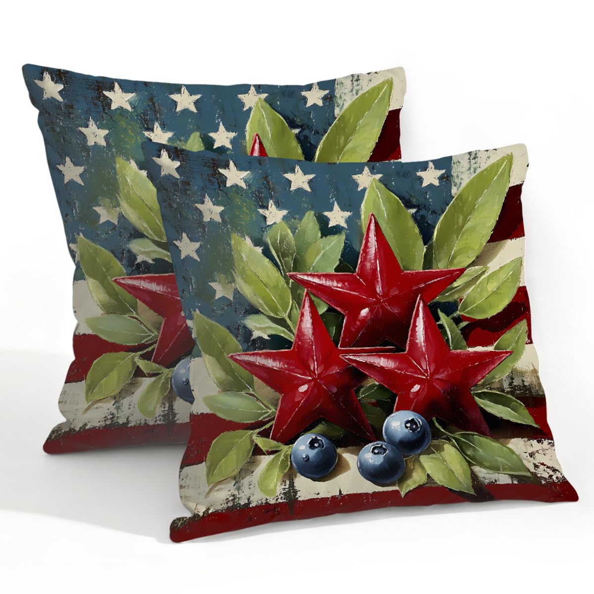 Outdoor Pillow Covers Waterproof Pillowcases 22x22in Set of 2 American Flag Berry Leaf Decorative Throw Cushion Case for Couch Sofa Garden Patio Furniture