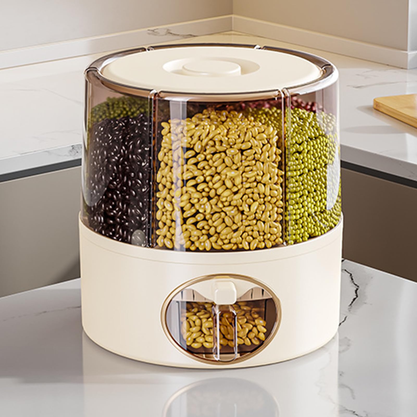 Distributore di riso a 6 griglie, contenitore girevole per cereali e riso | contenitore sigillato per alimenti in grani, secchio da cucina, dispenser con uscita con un per casa, hotel, campeggio