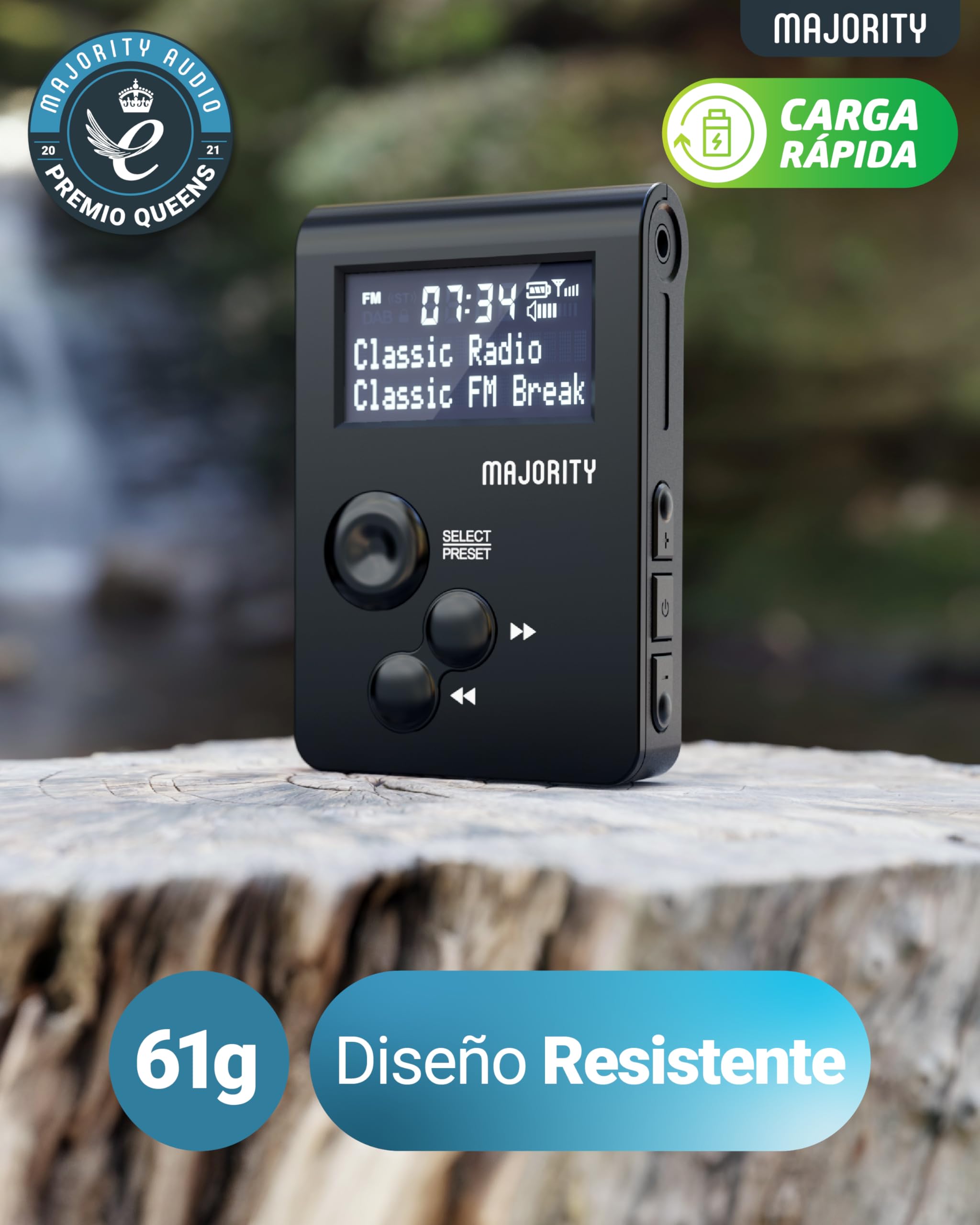 Radio Dab Portátil de Bolsillo | Radio FM Personal con Clip Deportivo y Botones Bloqueables | Batería Recargable de 12 Horas y | Carga USB y Auriculares Incluidos | MAJORITY Petersfield Go