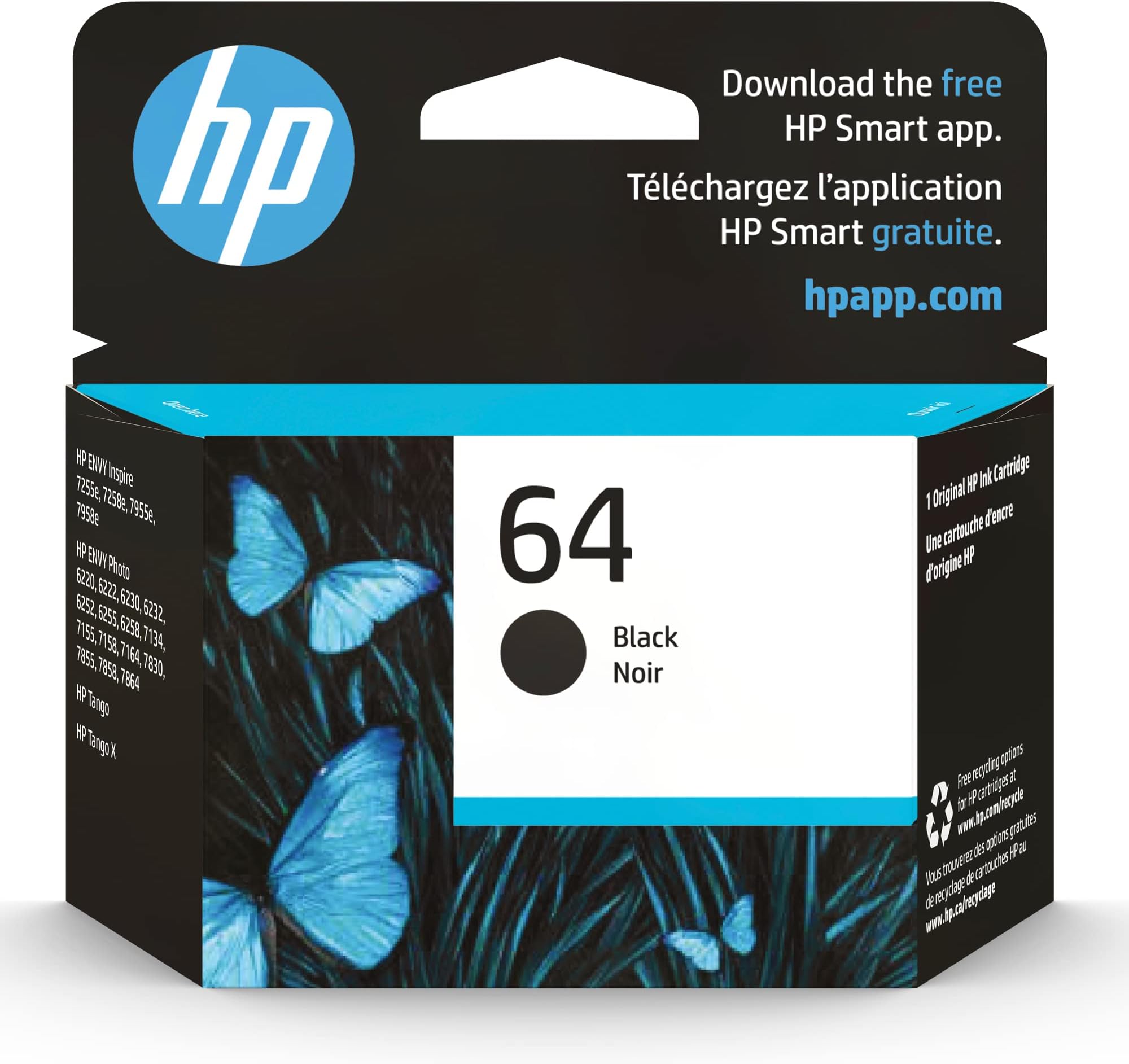 HP 64 Black Ink Cartridge | Works with Envy Inspire 7250e, 7950e, Envy Photo 6200, 7100, 7200, 7800, 7900, Tango Series | Eligible for Instant Ink | N9J90AN