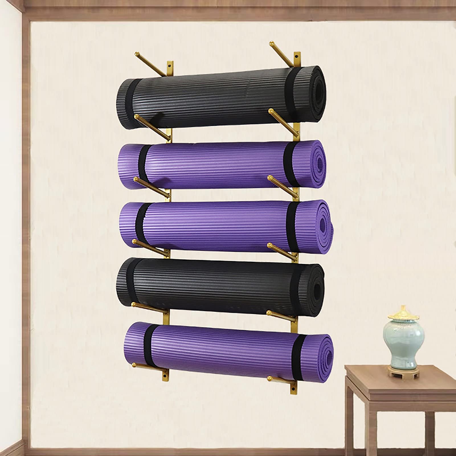 Estante para Esterilla de Yoga, Soporte de Pared, Organizador de Rodillos de Espuma de Metal de 6 Niveles, Soporte de exhibición para Garaje, gimnasi(Oro