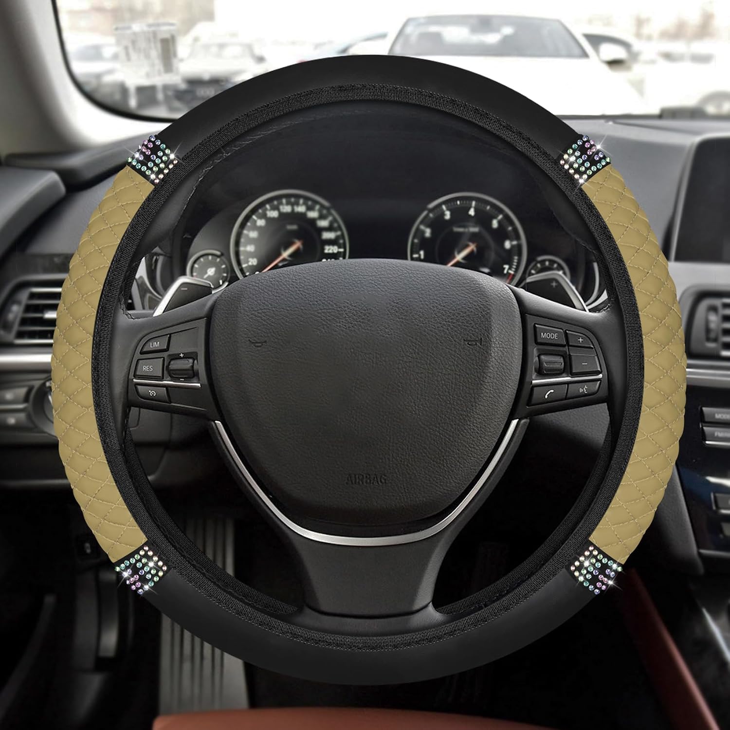 15 Inch Rhinestone Leather Steering Wheel Cover, Beige