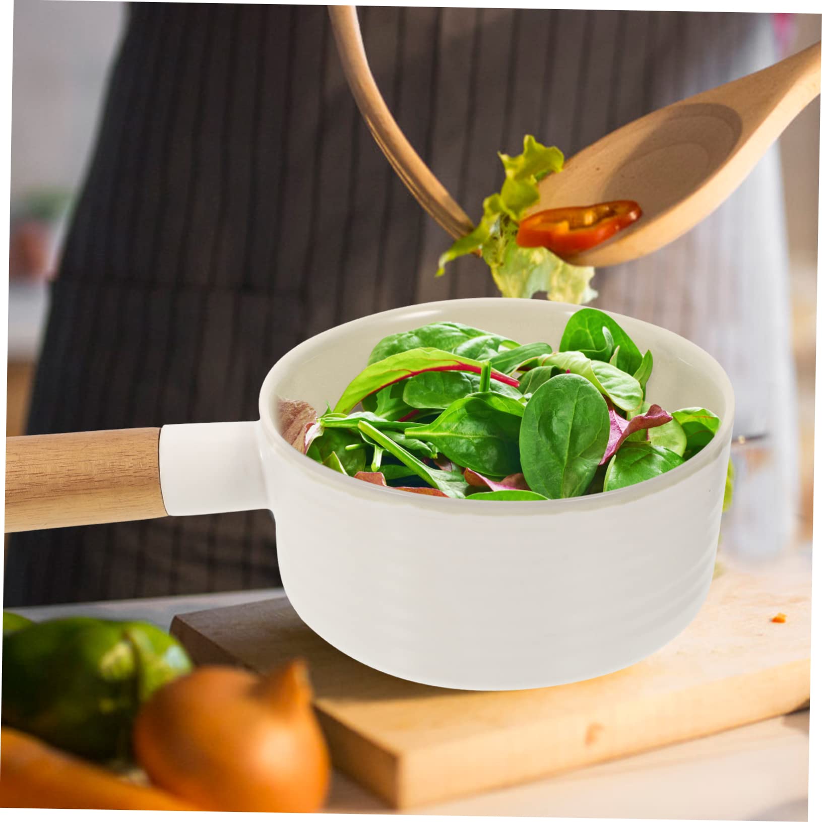 Cabilock Tazón de Sopa Grande de Cerámica Asa de Madera Anti-escaldaduras para Servir Ensaladas o Postres Cocina o Mesa Familiar de Cerámica