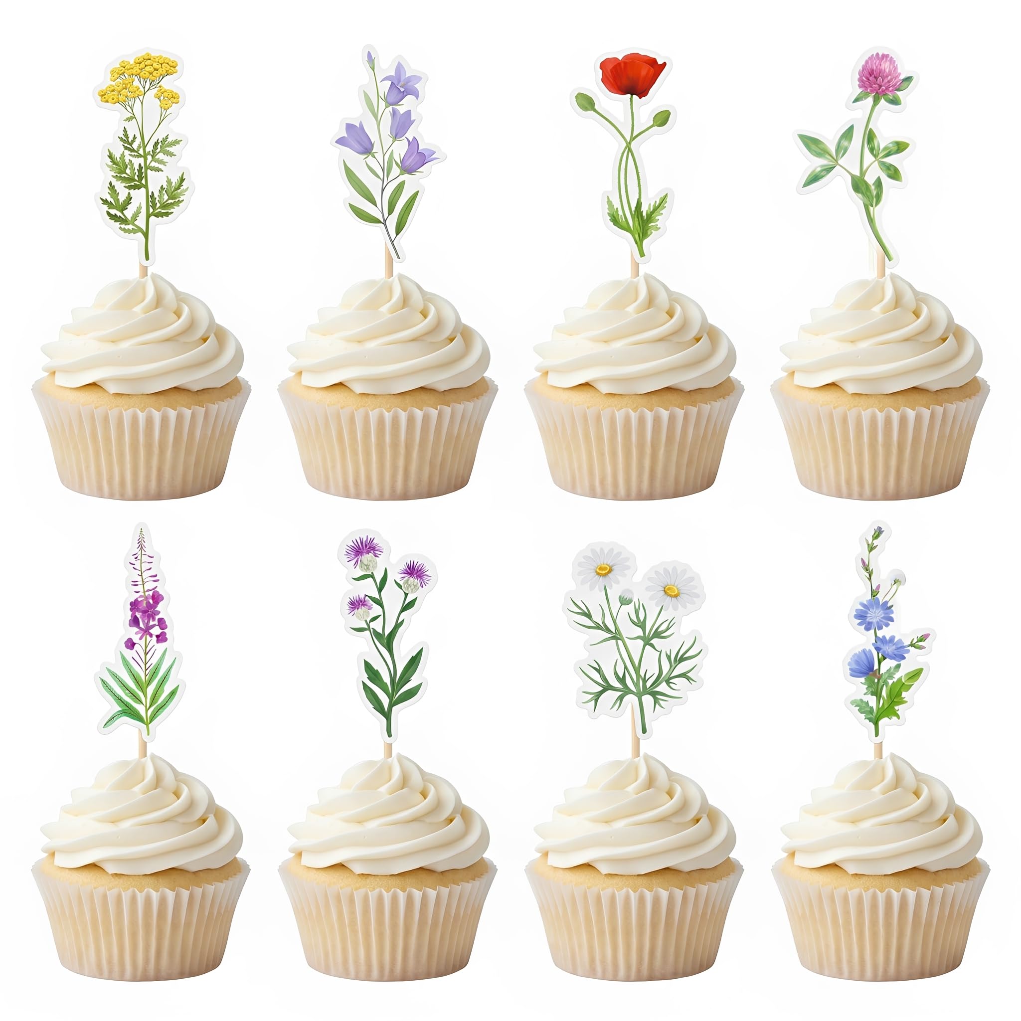 Arthsdite 24Pcs Wildflower Cupcake Toppers, Watercolor Floral Picks for Rustic Wedding, Bridal Shower, Garden Party Dessert Decorations — image 1