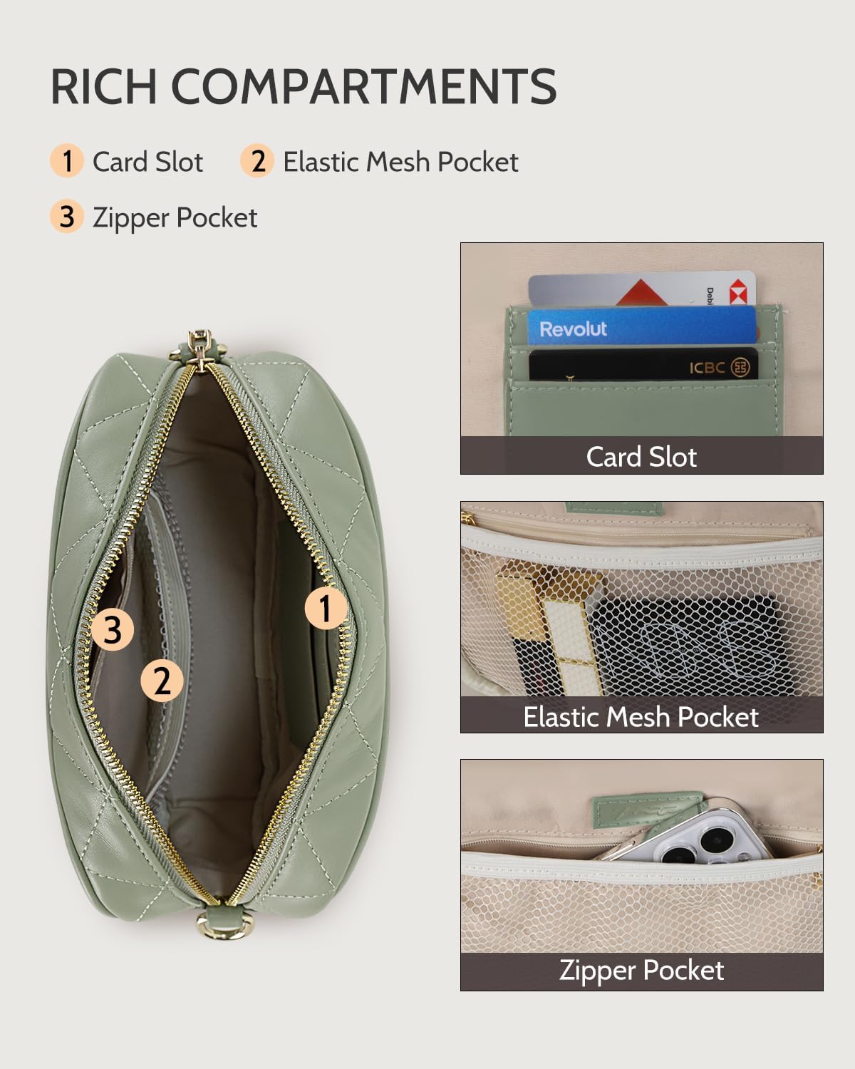 Prite Quilted Crossbody Purse for Women, Vegan Leather Bag with Shoulder Strap, Small Purse with Card Slots - Image 6