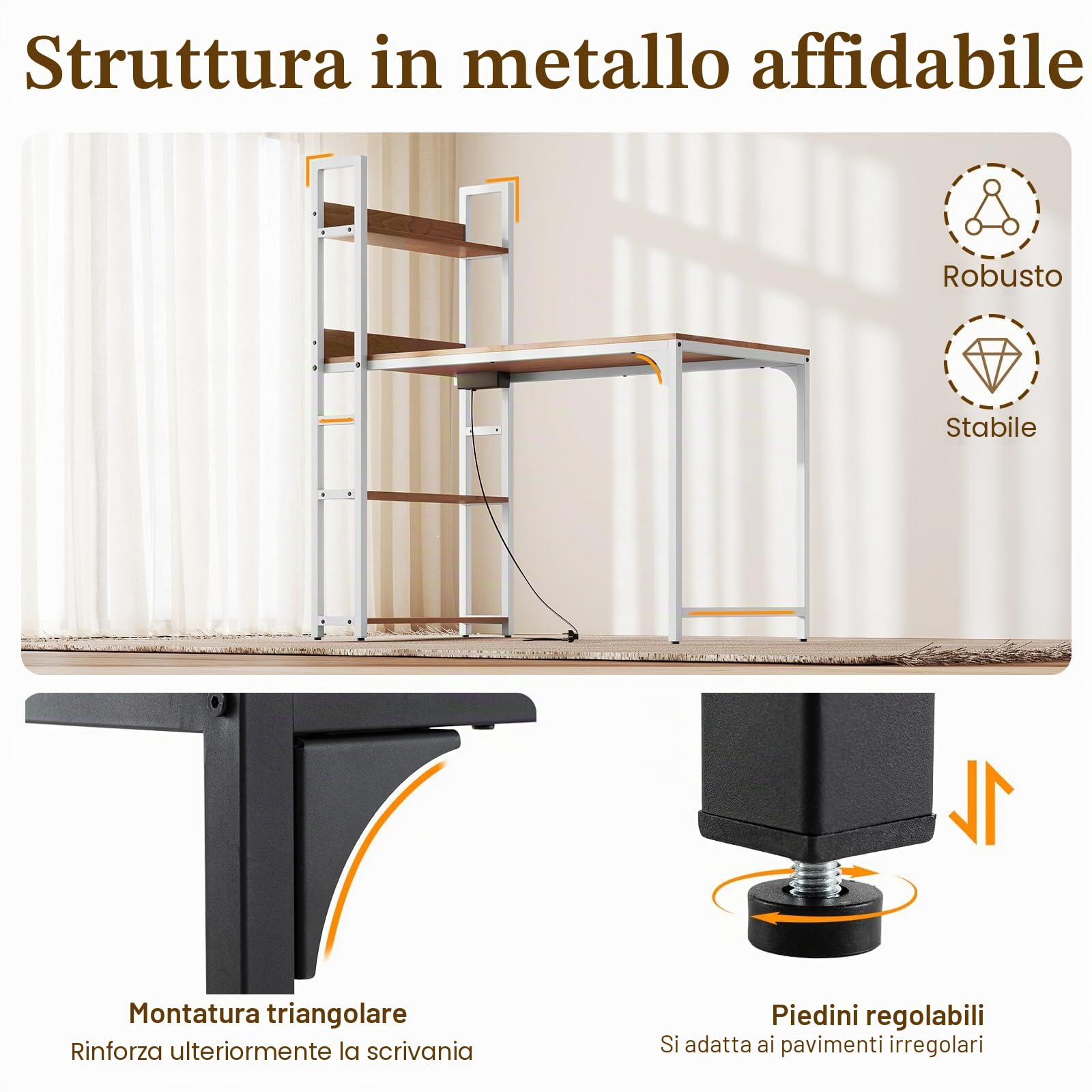 LIFEZEAL Scrivania con deposito e stazione di ricarica, 2 prese, porte USB A&C, tavolo computer in legno con 3 ripiani, telaio in metallo, postazione di lavoro 120 x 65 x 130 cm, per studio, giochi