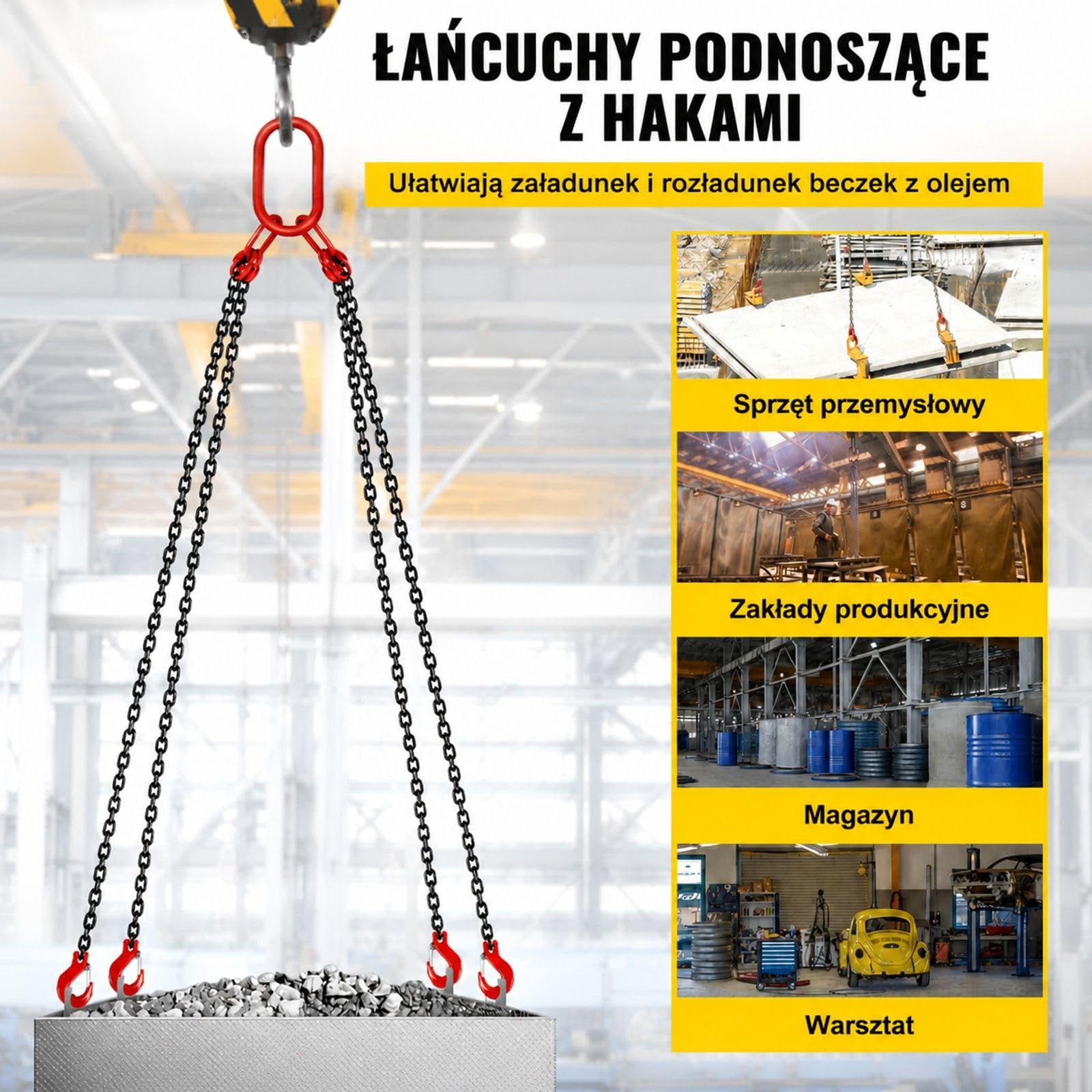 Zawiesie łańcuchowe z 4 cięgnami i hakami do podnoszenia oraz prac magazynowych