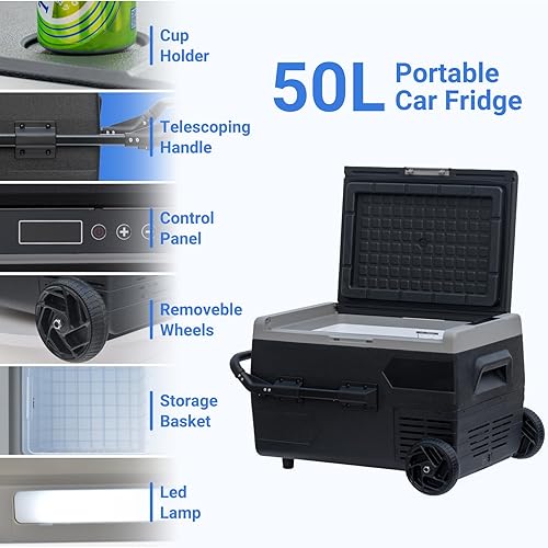 Miniatura 3 de Smad Refrigerador portátil de coche de 12 voltios -4℉-68℉ Enfriador eléctrico con cesta extraíble y ruedas, soporte de taza de iluminación LED, 53