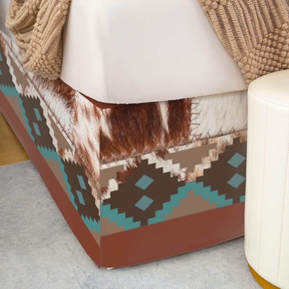 Cowhide Bed Skirt Western Bed Skirts for Queen Beds,Farm Animals Skin Bedskirt Southwest Style Native American Designs Geometric Bedding Decor,Patchwork Cow Print Country Western Room Decor