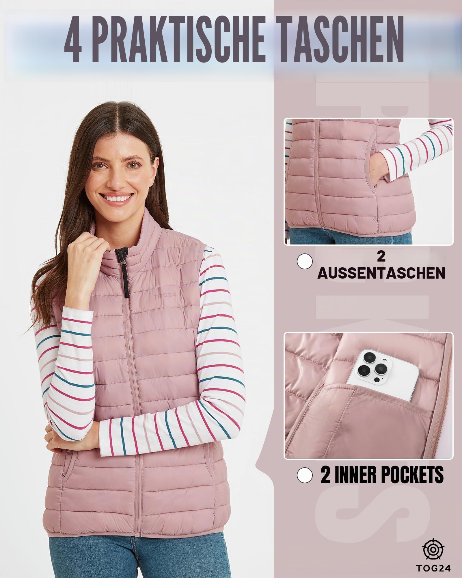 TOG24 Damen Weste Steppweste Leicht Übergangsweste Ärmellos Laufweste Warme Daunenweste Pufferjacke Bodywarmer Outdoor Sportweste für Wandern Radfahren