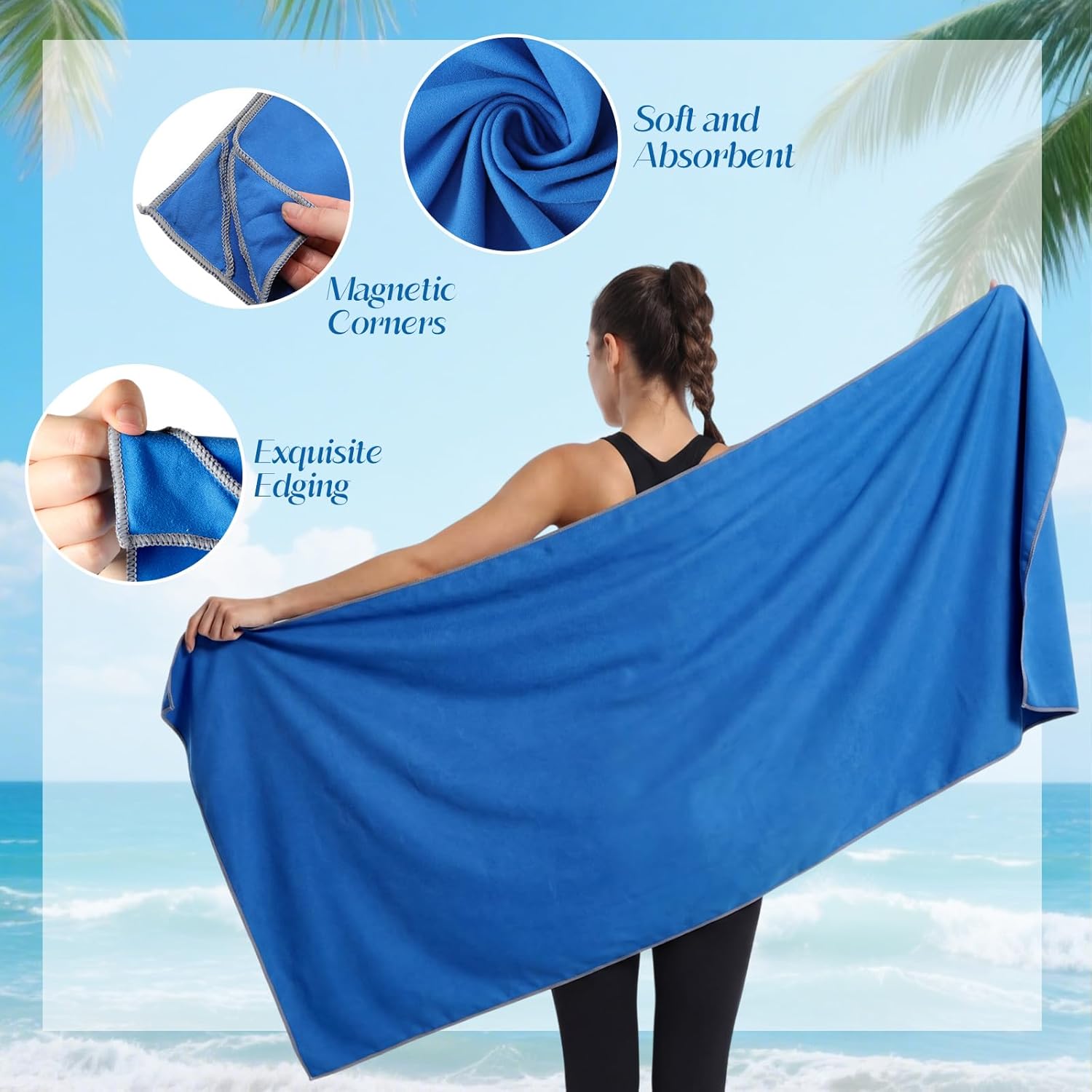 Tegeme 2 Pcs Outdoor Magnetic Beach Towel 30"x75" Microfiber Beach Bath Towel with Magnetic Corners for Swimming Pool Travel Gym Camping (Dark Gray,Royal Blue)