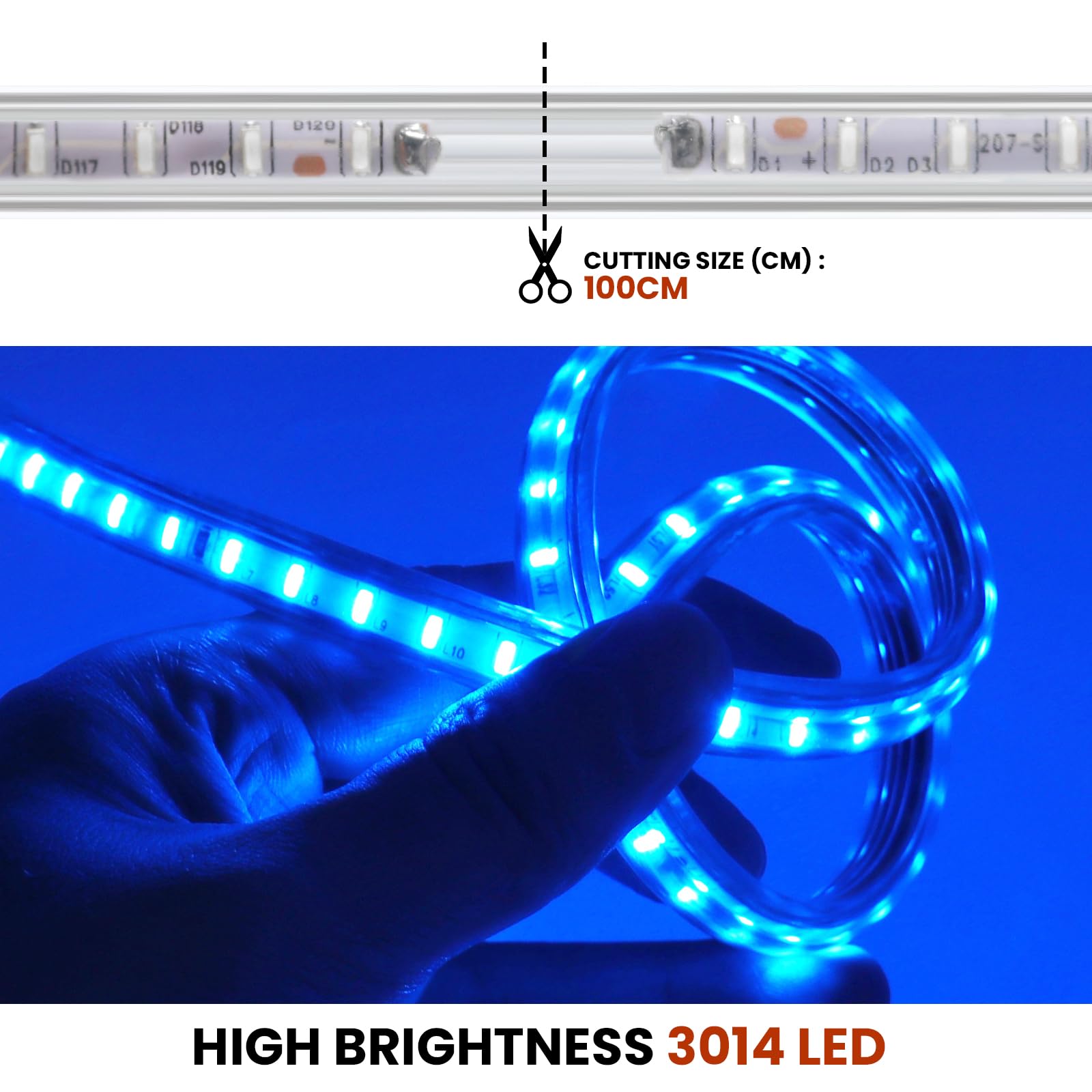 Tira de Luz LED con On/Off, AC220-240V, 100m Azul, SMD3014, IP67 Impermeable Flexible,Diseño DIY, Dormitorio, Salón, Sala de Juegos, Cocina, Fiesta, Decoración de Tiendas
