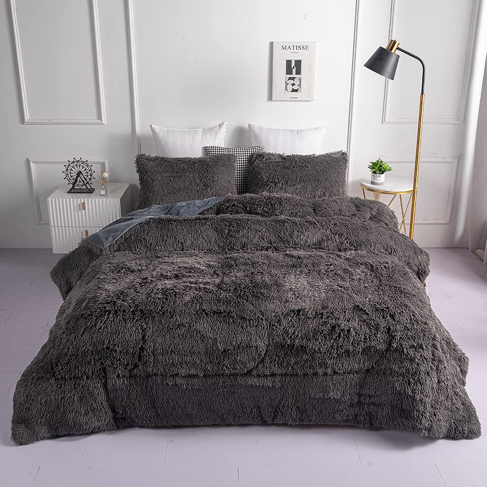 Chovy Faux Fur Plush Gray Comforter Sets King Ultra Soft Shaggy