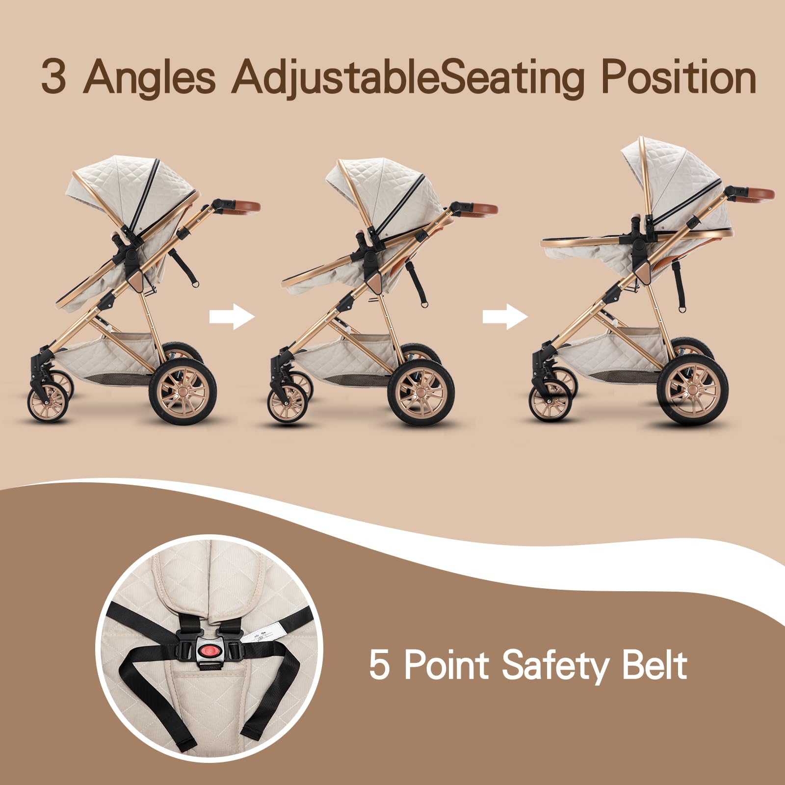 Poussette 3 en 1 Citadine avec Siège Auto, Poignée Réglable, Cadre Haut, Compacte 0-36kg