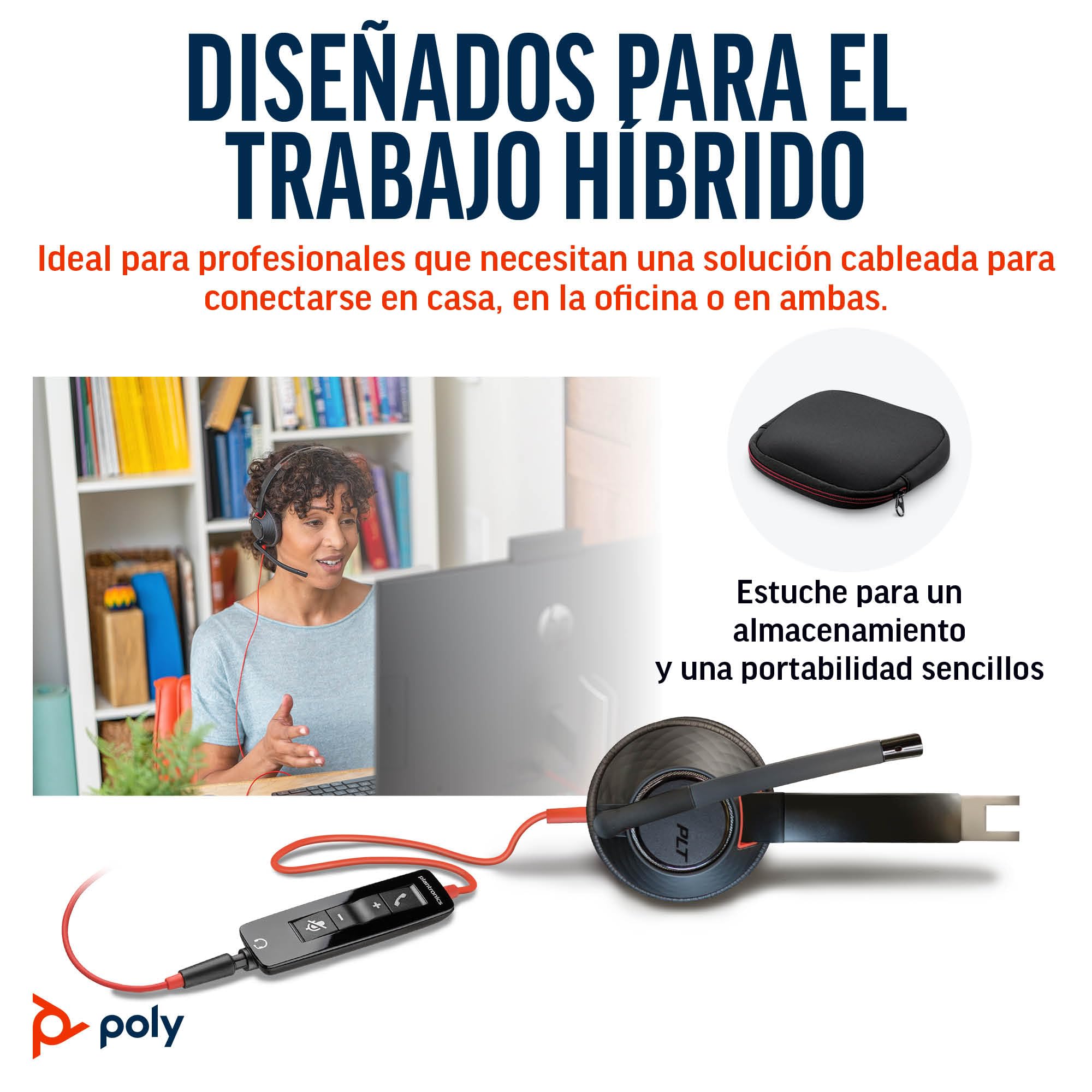 Auricular Poly Blackwire 5210 con cable (Plantronics), Micrófono de brazo flexible con cancelación de ruido, Diseño monoaural, Conexión a PC o teléfono móvil mediante USB-C, USB-A o conector de 3,5 mm