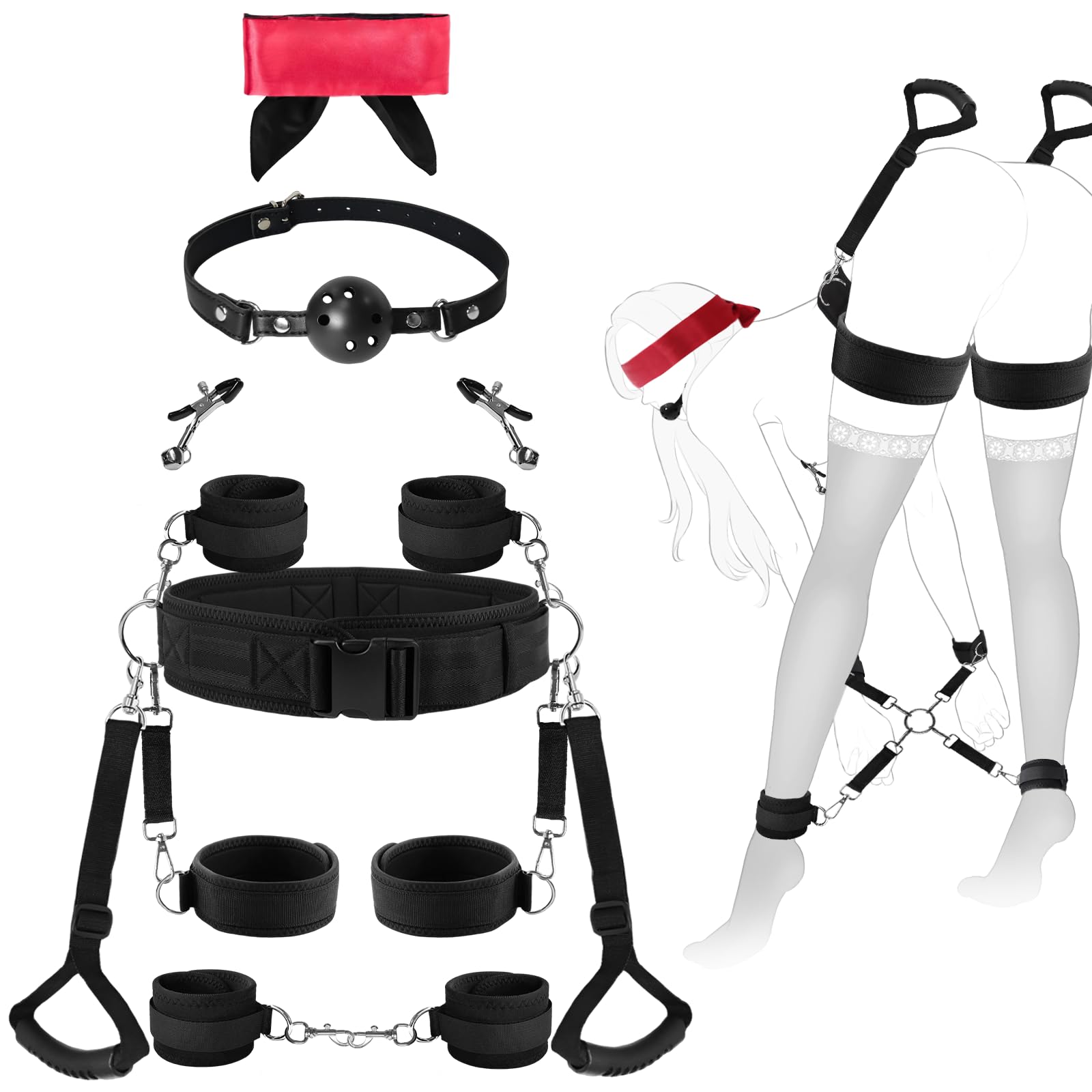 Sex Bondage BDSM 9 Pcs Set Restraint Kits for Women Innovative Waist Belt with Handle Pull Straps Hand/Ankle/Thigh Cuffs Cross-Buckle Strap Nipple Clips Ball Gag Blindfold Adult Sex Toys for Couples