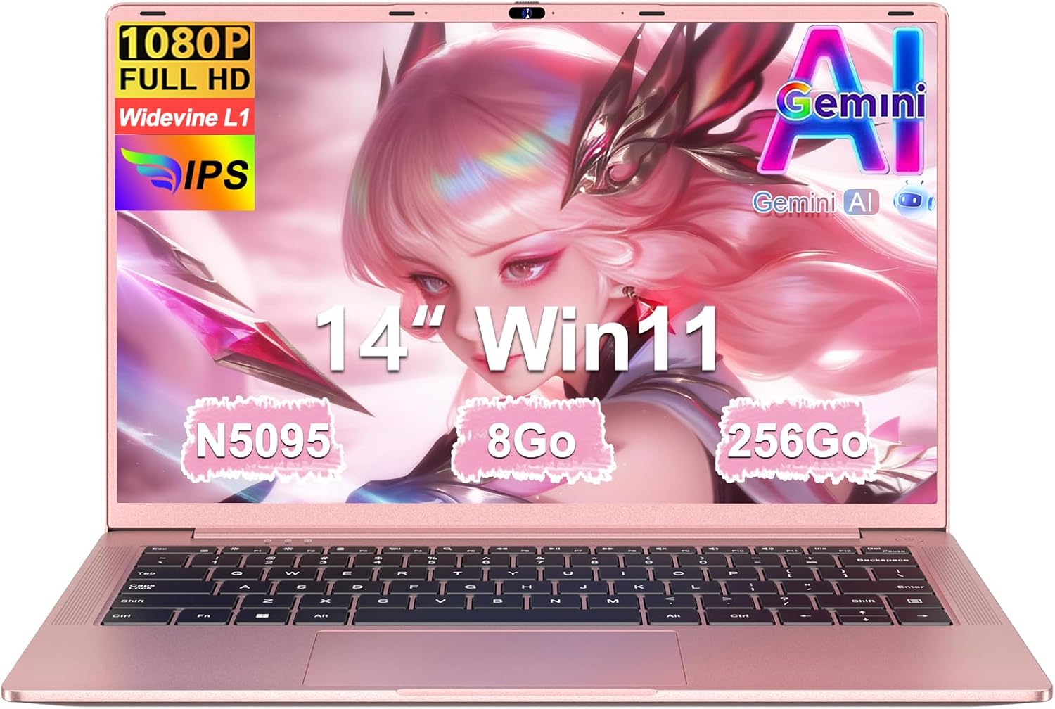 Ordinateur Portable 14 Pouces Celeron N5095 Win11 Pro 8Go RAM 256Go SSD Extension1To 5G WiFi 1920x1080 FHD PC Portable avec Souris sans Fil qwerty Clavier avec AZERTY Membrane du Clavie - Doré Métal18