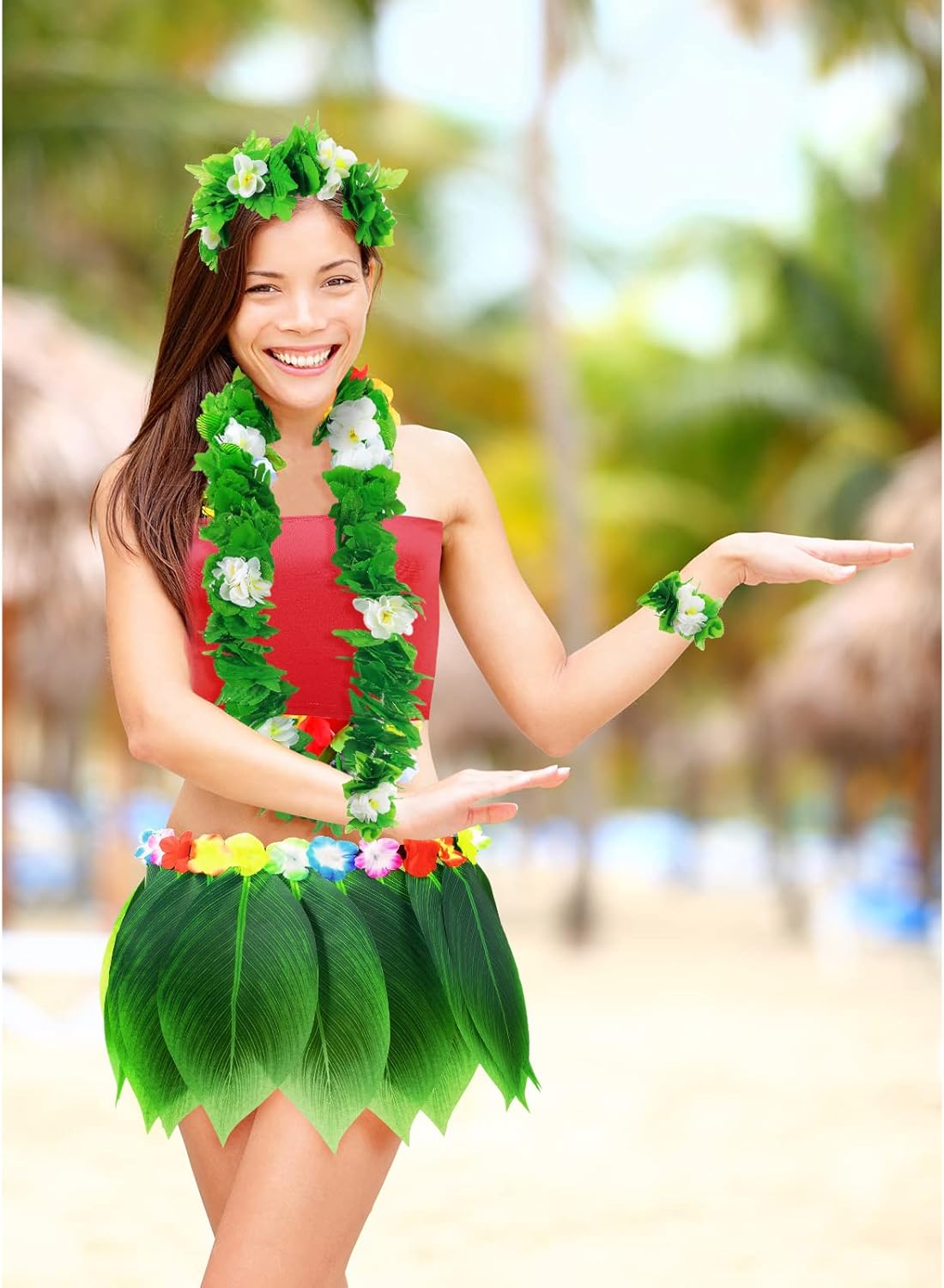 Yahenda 6 Pcs Hawaiian Woman Costume Leaf Hula Skirt with Crop Top Flower Necklace and Leis Outfits for Summer Luau Party - Image 5