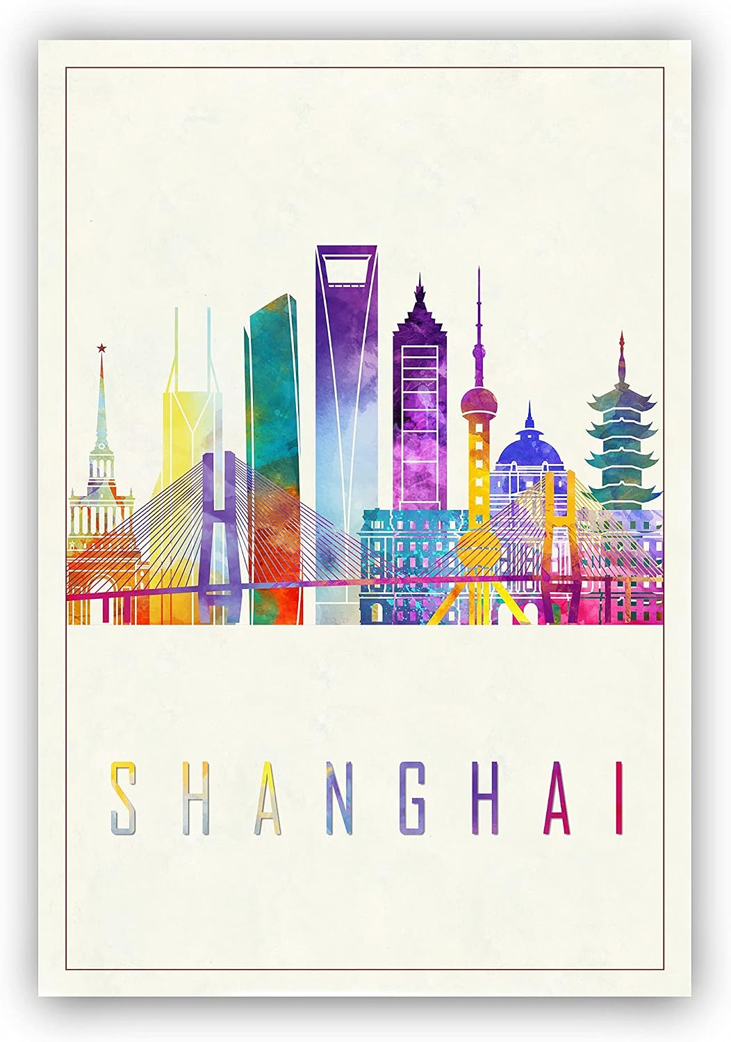 Modern Illustration World Cities Poster, Shanghai Landmarks Watercolor Poster, China Shanghai Cityscape Art Poster Print, Office Wall Art - 12 * 18 Inches