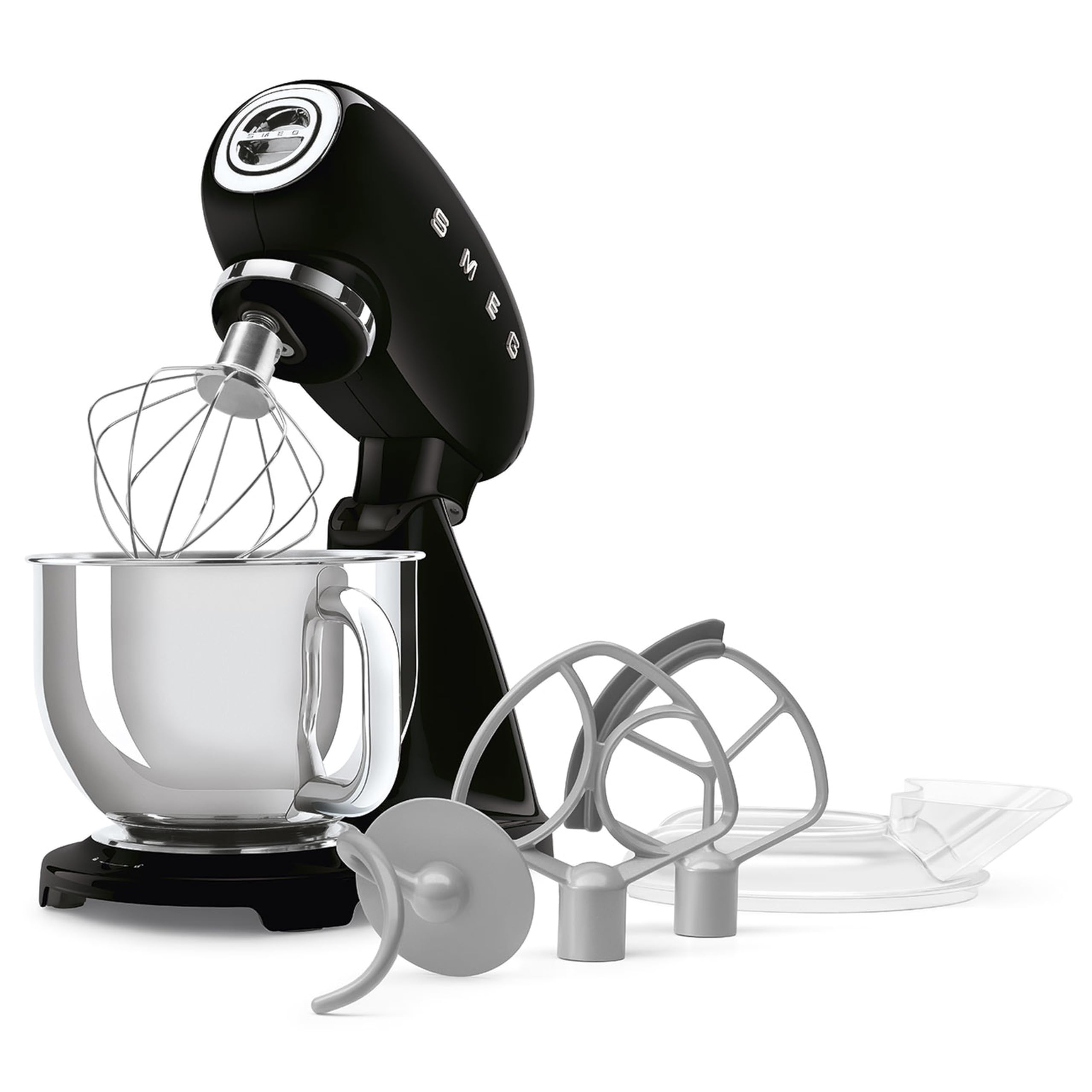 SMEG SMF05 Forte Stand Mixer in black with all included accessories: wire whisk, flat beater, dough hook, flex-edge beater, and pouring shield.