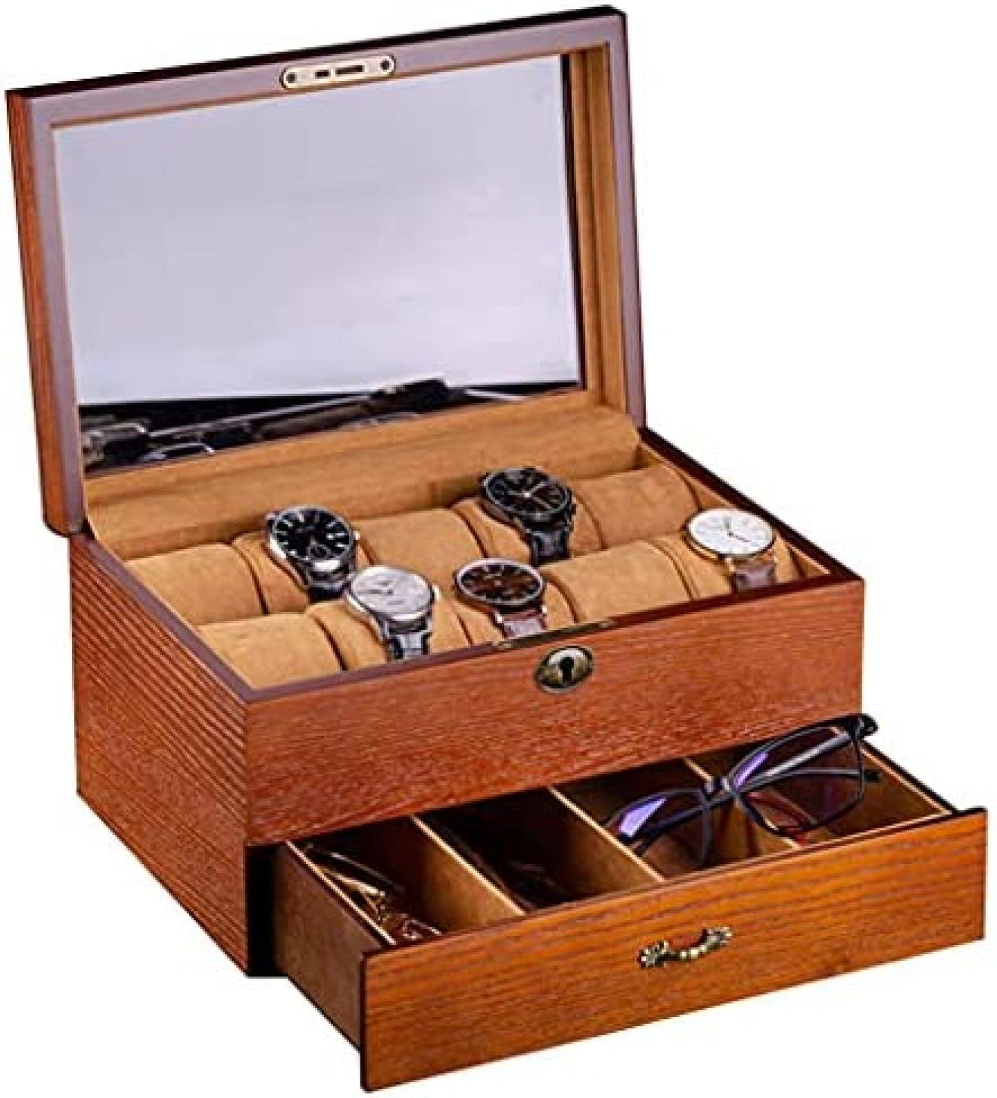 YNBSHGAA Watch Storage Box Wooden Multifunctional Large-Capacity Watch Box with Lock Watch Storage Cabinet with Glass Lid Birthday Gift for Friends,Brownb,30×20.5×16.5cm,Brownb-30×20.5×16.5cm