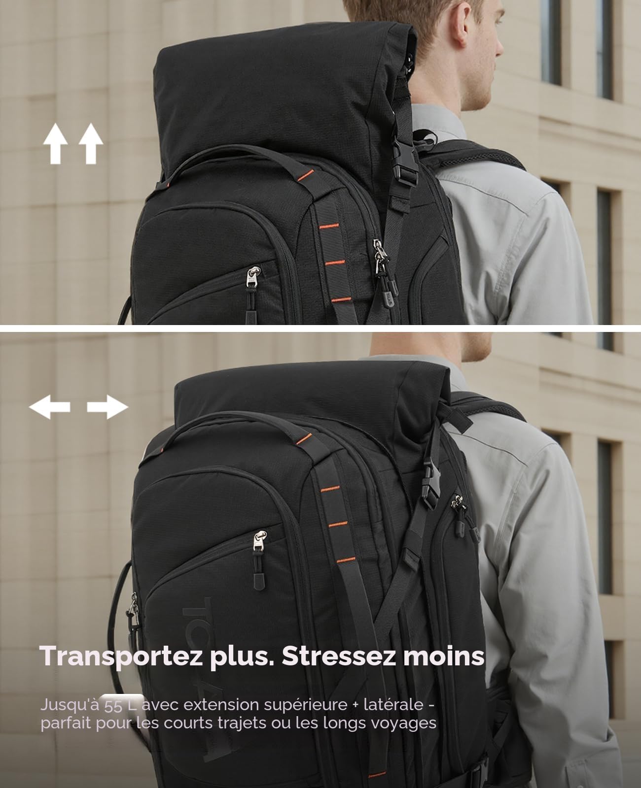 Tolaccea Sac à Dos Voyage Cabine Avion 40L-55L Grand Sac à Dos Roll-Top PC 17,3" Imperméable TSA Antivol