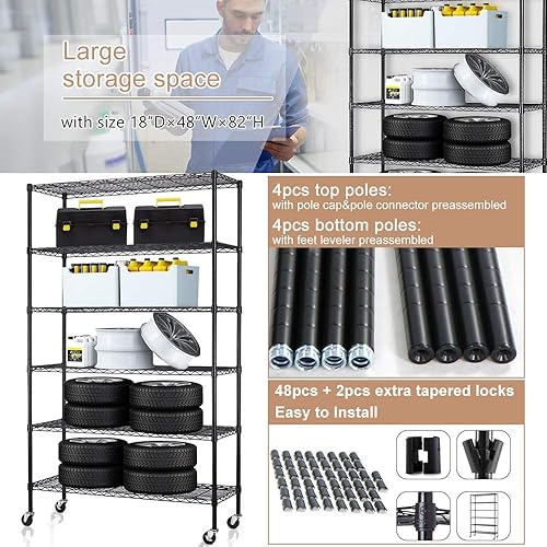 Miniatura 5 de Estantería de alambre de 6 niveles, estante de metal, estantes de pie de altura ajustable, 48 x 18 x 82 pulgadas con niveladores de ruedas/pies,