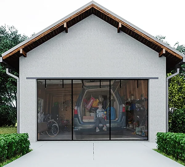 Magnetic Double Garage Screen Door for 2 Car Garage Doors 16x7FT- Reinforced Self Sealing Fiberglass Mesh Door Screen with 6 Strapping Tapes, Hands Free Door Screen with Closure Weighted Bottom, Black