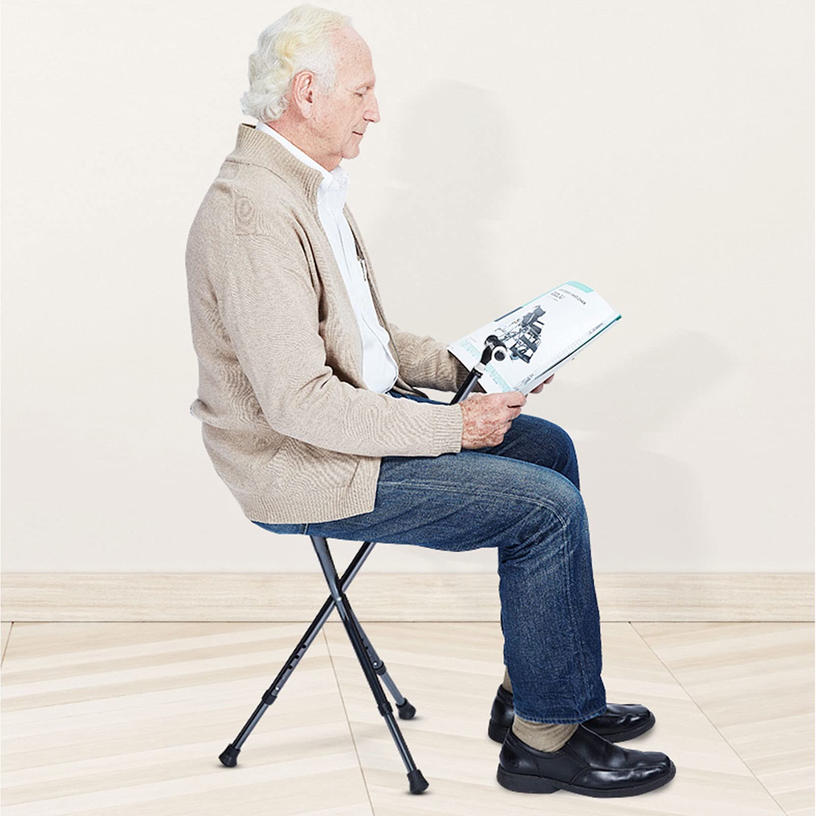 Asiento de bastón Plegable, Silla de caña de Aluminio Ajustable de Altura con luz LED, Taburete de muletas de Masaje para Ancianos, Personas Mayores y discapacitados, Base Antideslizante