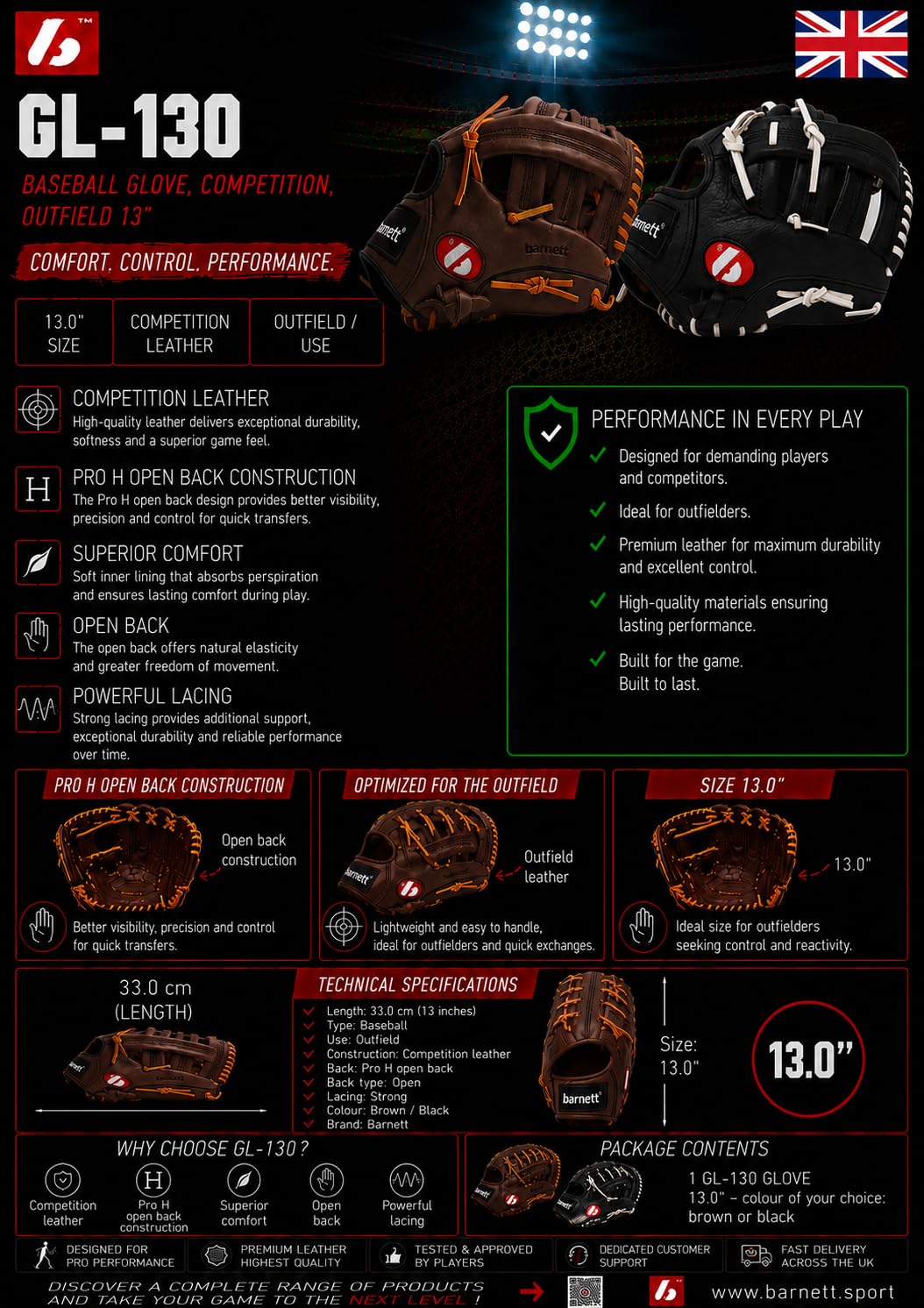 barnett GL-130 - Guante de béisbol de Piel competitiva Outfield 13