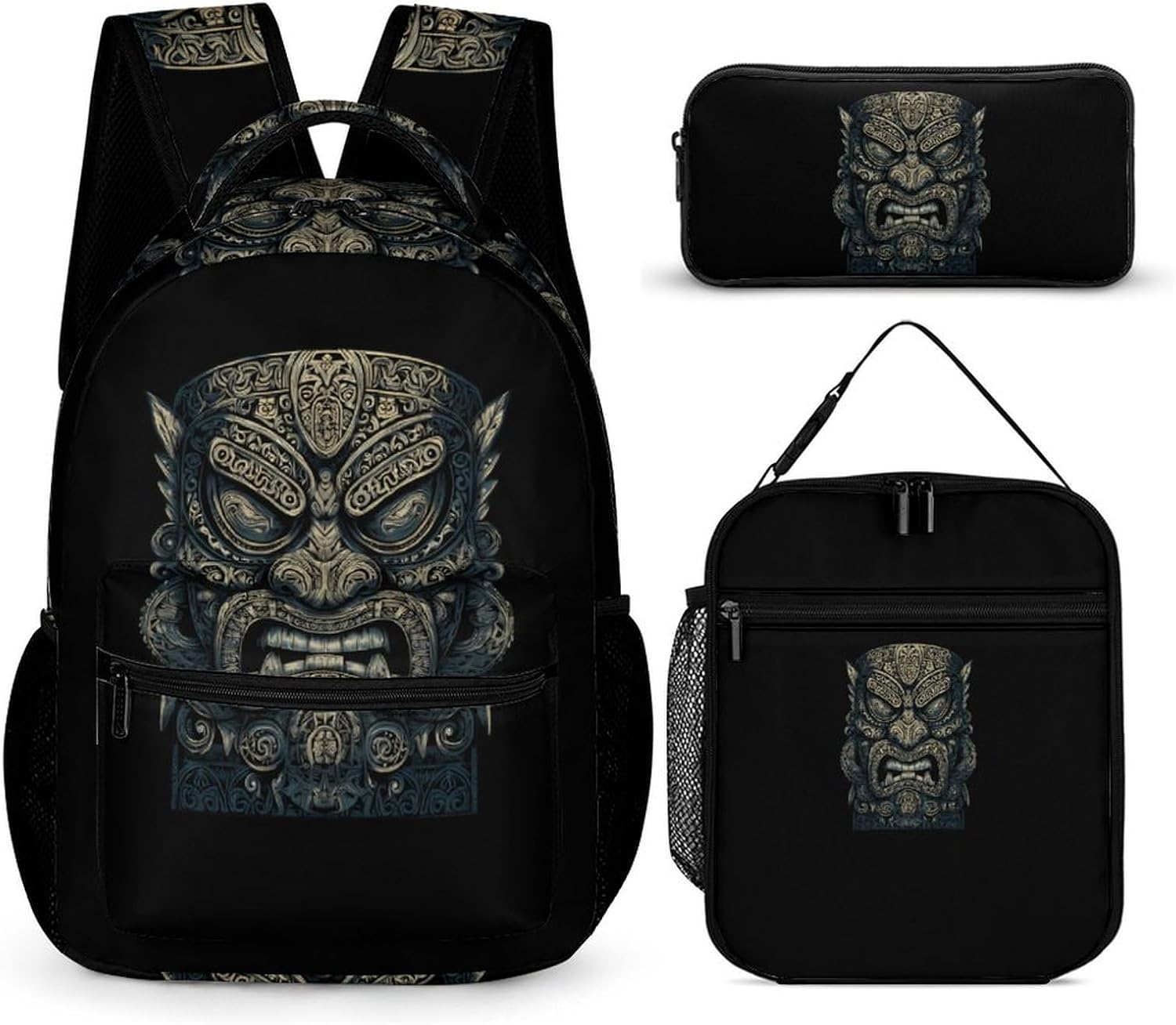 Tiki Mask Funny Backpack 3 Piece Set Daypack with Lunch Bag And Pencil Case for Outside Activities Travel