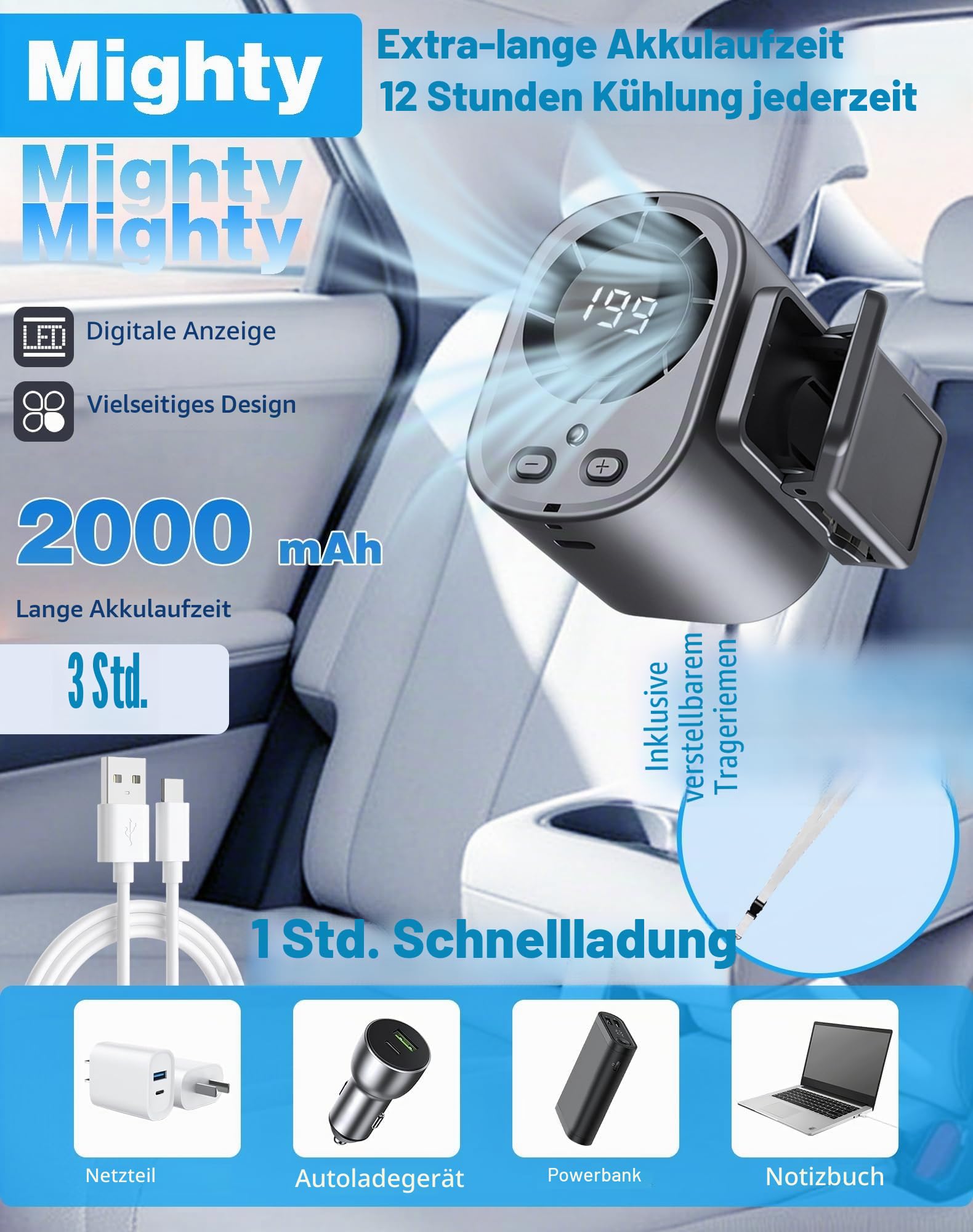 2026 Auto Clip on Klimaanlage Ventilator mit LED Display - 360° Drehung, 199 Geschwindigkeiten & Halbkühlungstechnologie, USB Wiederaufladbarer Persönlicher Ventilator, Freisprechanlage Clip on