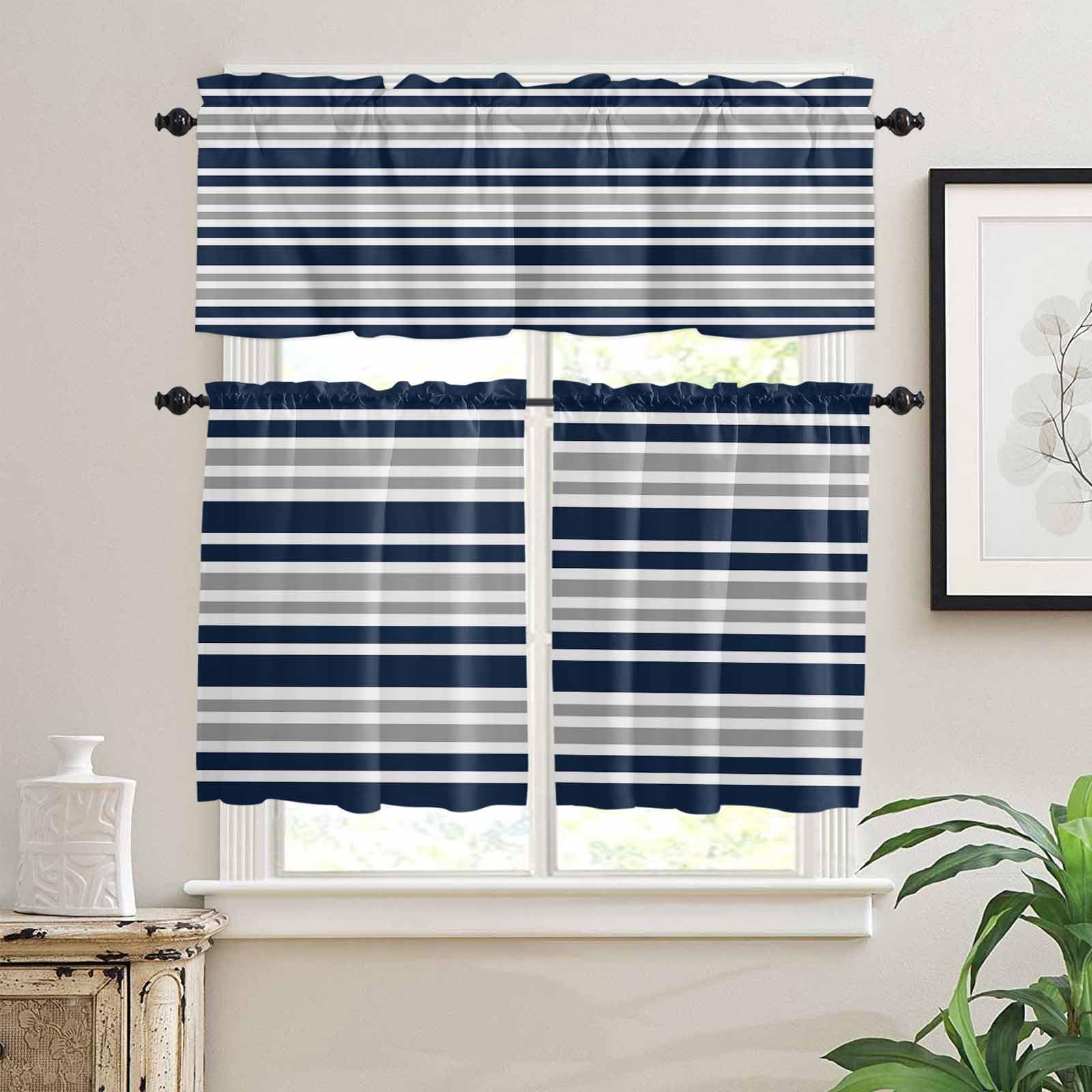 Navy Blue Grey Striped Kitchen Curtains 36 Inch Length, 3 Piece Rod Pocket Small Half Tiers and Valance Set, Gradient Horizontal Lines Small Large Window Treatment Decor for Bedroom/Bathroom Sink