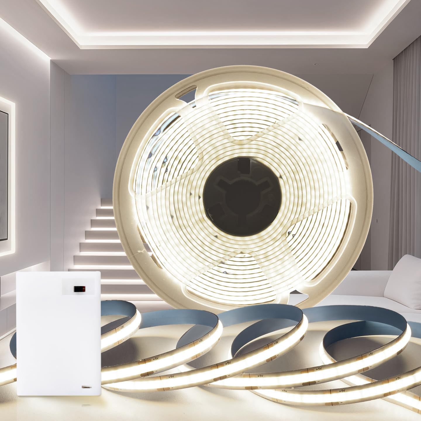 PERVADEO LED Strip Battery 1 m LED Strip COB Neutral White 4000 K Battery Operated 320 LEDs/M 5 V Self-Adhesive Flexible Light Strip DIY for Home Lighting Kitchen Bedroom Cabinets Stairs