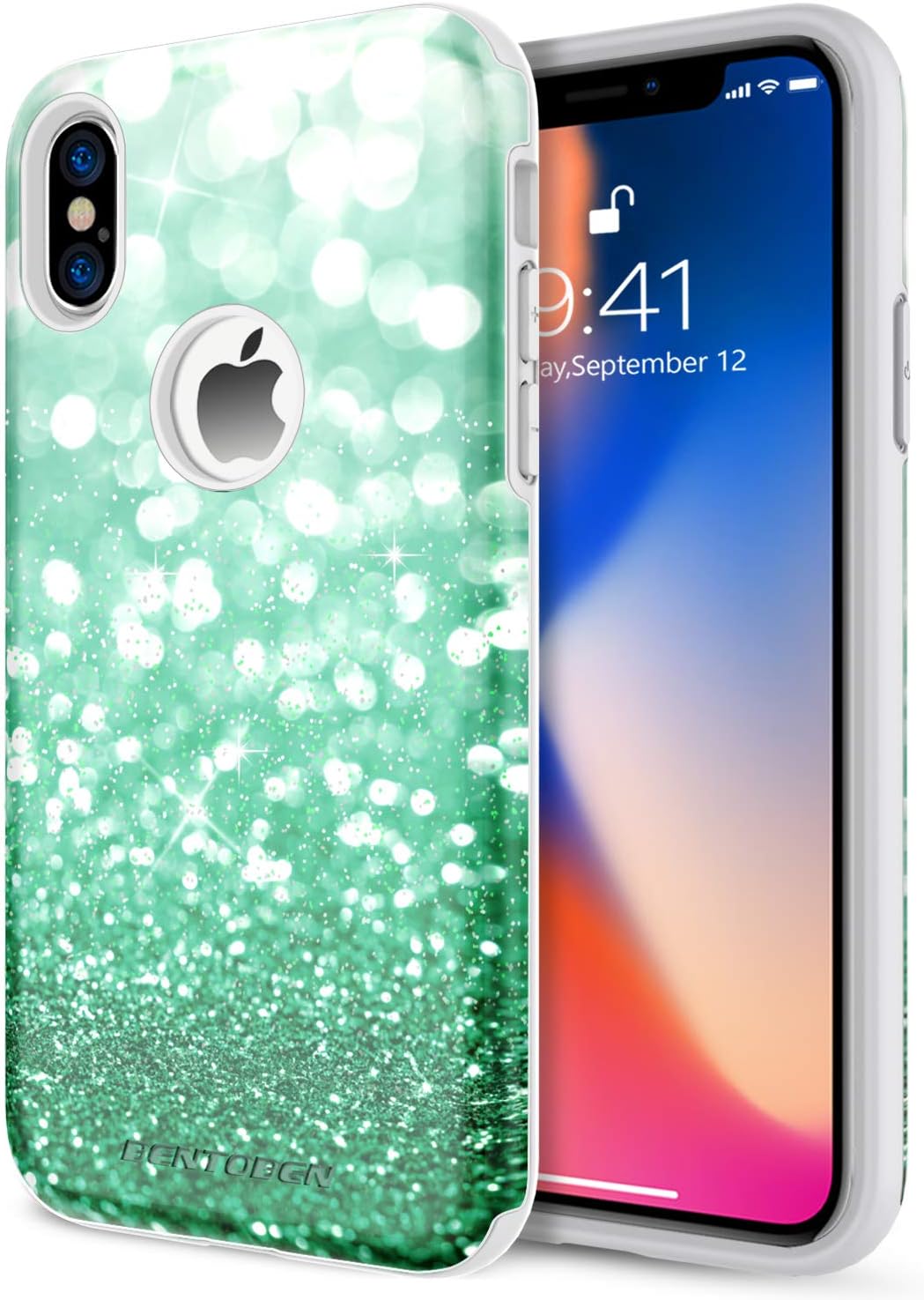 BENTOBEN Dual Layer Heavy Duty Protective Shockproof Rugged Bumper Glitter Bling Girl Women Phone Case Cover for Apple iPhone XS 2018 / X 2017 (5.8 Inch) - Mint Green