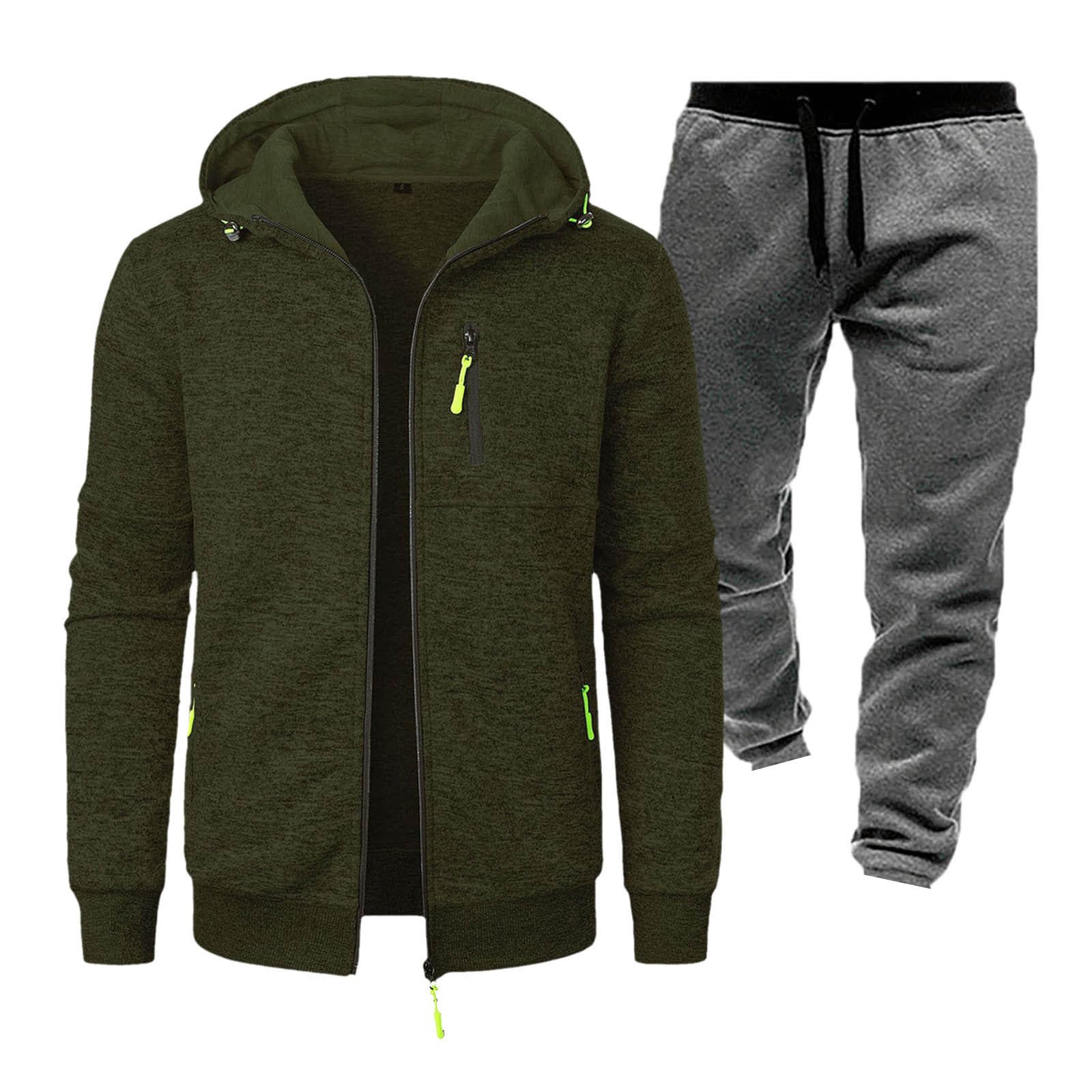 Męski dres treningowy, bluza z kapturem i joggery, 2-częściowy, zielono-szary, dres dla mężczyzn, miękka bawełniana odzież sportowa z kieszeniami, lekki, wygodny strój na siłownię, trening lub