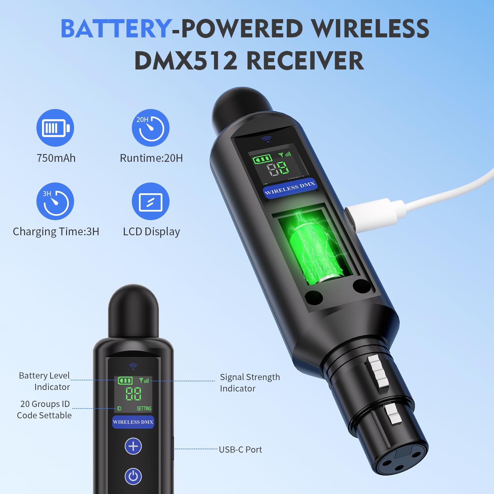 Controller wireless con scatola, trasmettitore wireless/6 ricevitori, ricevitore a batteria con touchscreen, durata della batteria di 20 ore