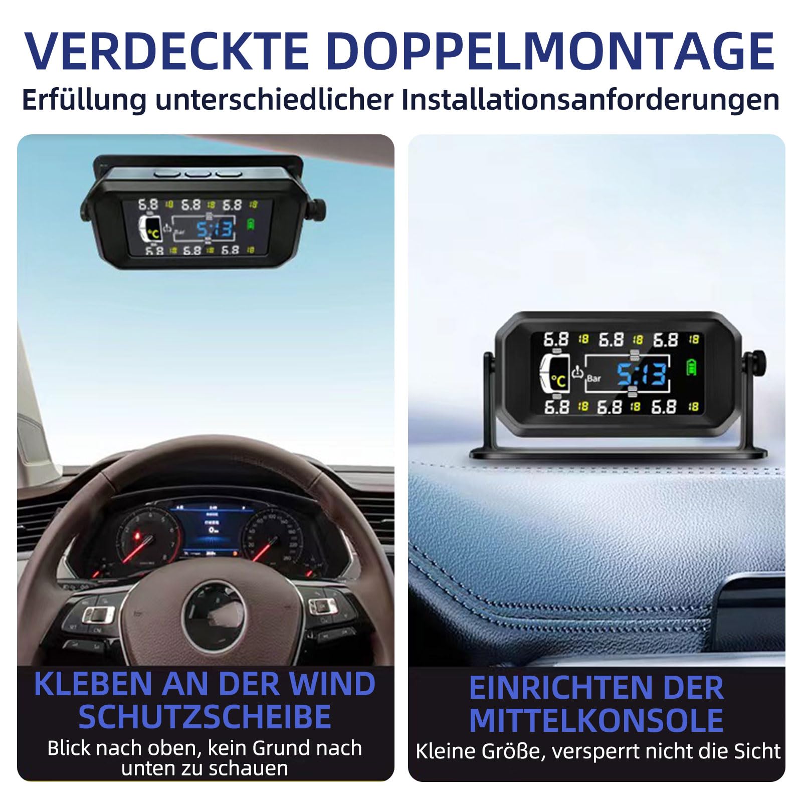 Reifendruckkontrollsystem, TPMS 6 Rad Modi, 8 /15 BAR, 116/217 PSI Max, mit 6 Externen Kupfer Reifendrucksensor, Vertikal/Hängend Montierbar, Solar USB Aufladung, für Busse, Wohnmobile, LKW (0-15 BAR)