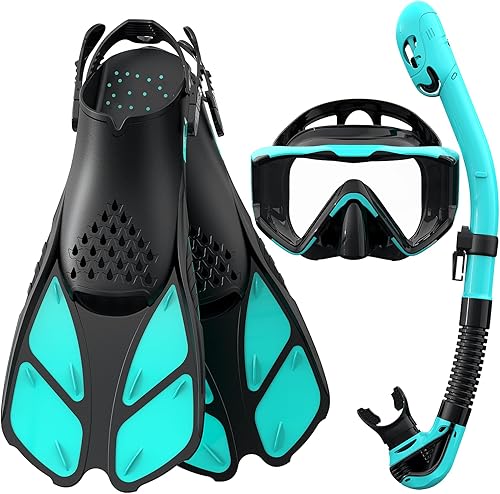 Greatever Juego de esnórquel para adultos, máscara de esnórquel de 3 ventanas, aletas y esnórquel seco, negro, turquesa, vidrio templado, silicona,